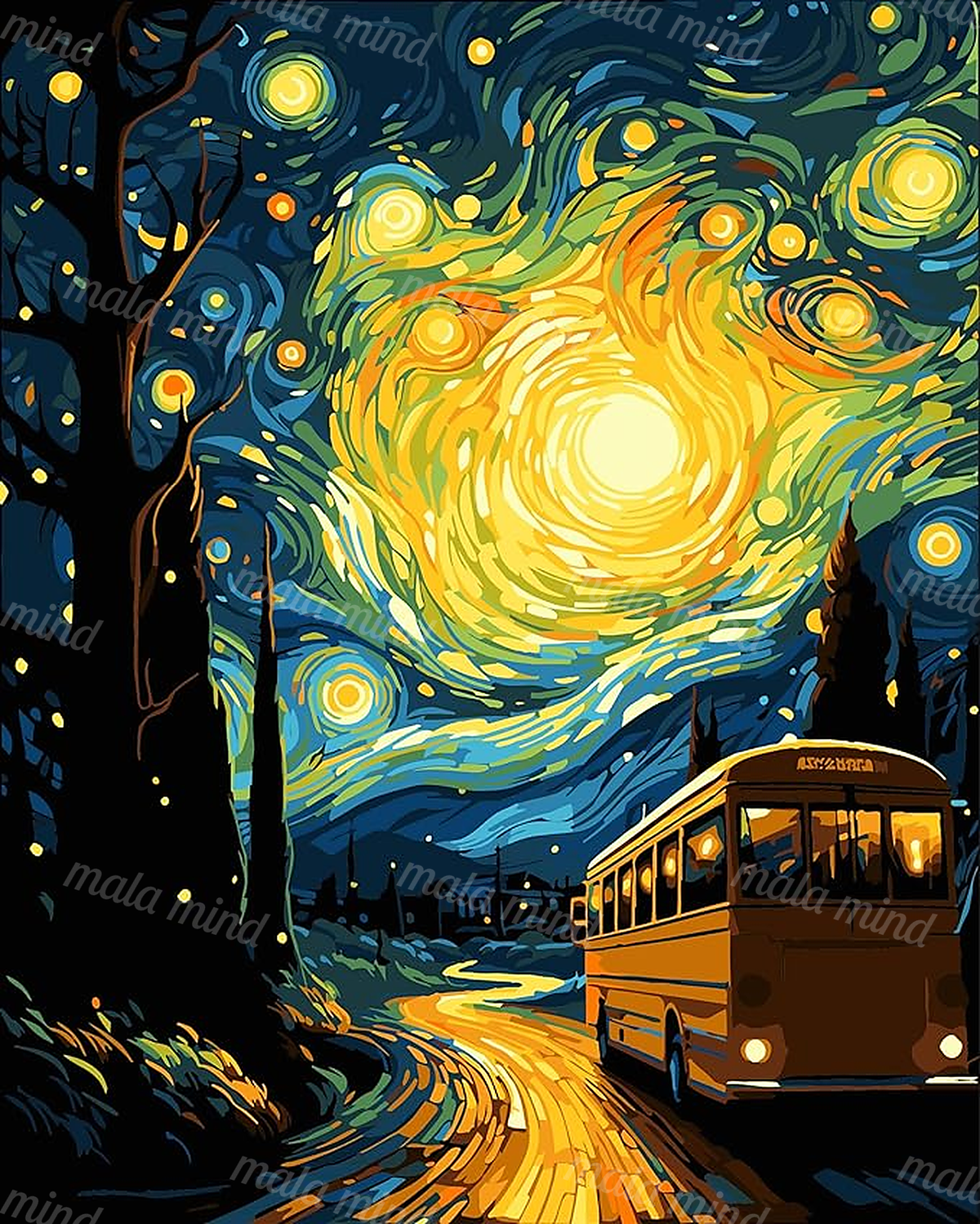 Yellow-orange bus on a winding road beneath a glowing swirling night sky and silhouetted tree — 02_master_artwork