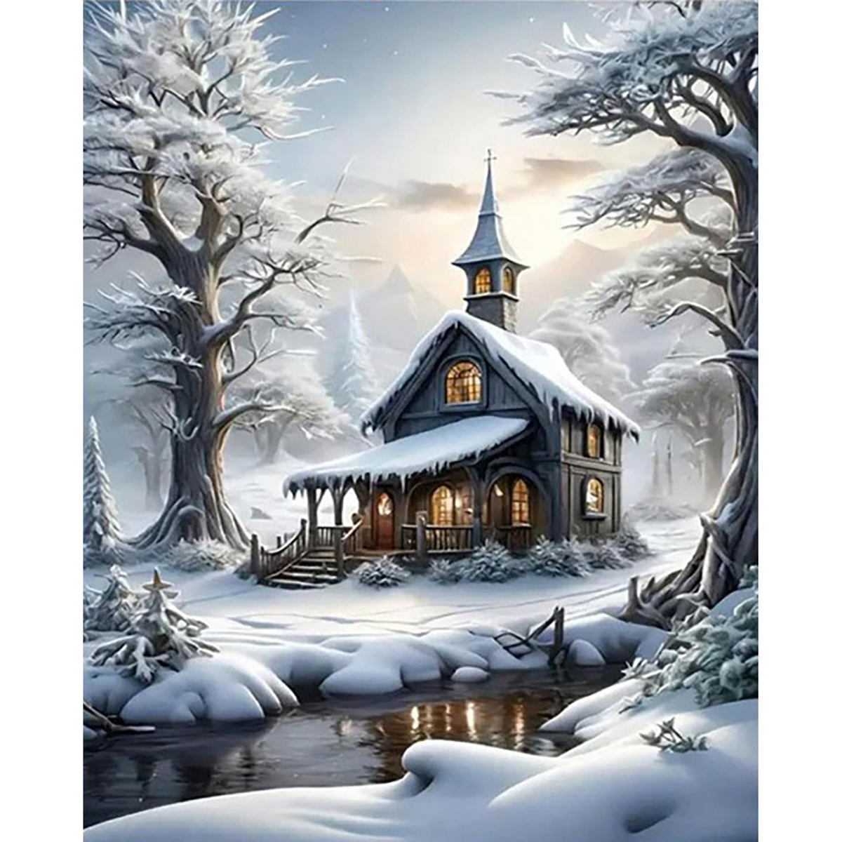 MalaMind Gallery V3 | 02 Master Artwork | LS-260922-004 | Snow-covered woodland chapel with glowing windows, frosted trees, snowbanks, and a partially frozen stream