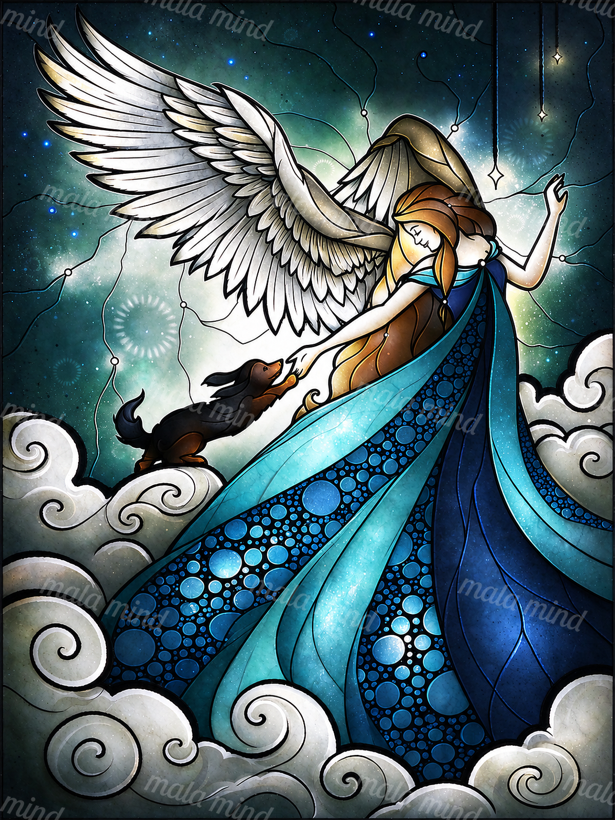 Stained-glass angel in a blue dress reaching toward a small dog among clouds and stars — 02_master_artwork