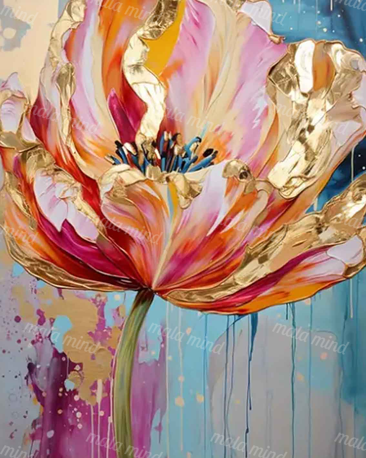 Abstract close-up flower with colorful layered petals, blue stamens, green stem, and dripping painted background — 02_master_artwork