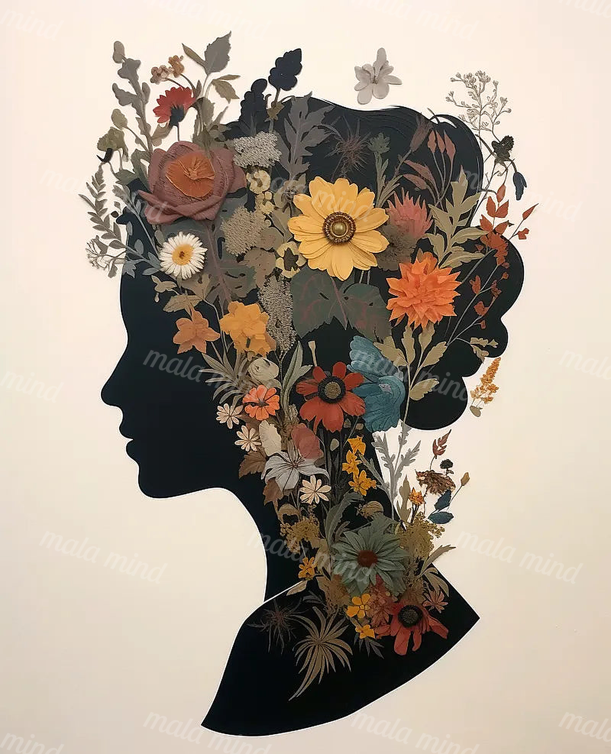 Left-facing woman's profile filled with colorful flowers and foliage on a cream background — 02_master_artwork