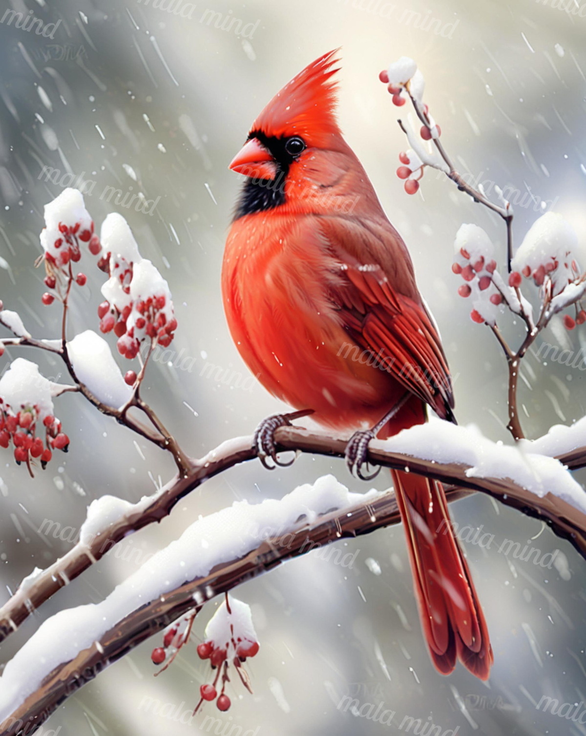 Red cardinal perched on snowy branches with red berries as snow falls against a soft gray background. — 02_master_artwork