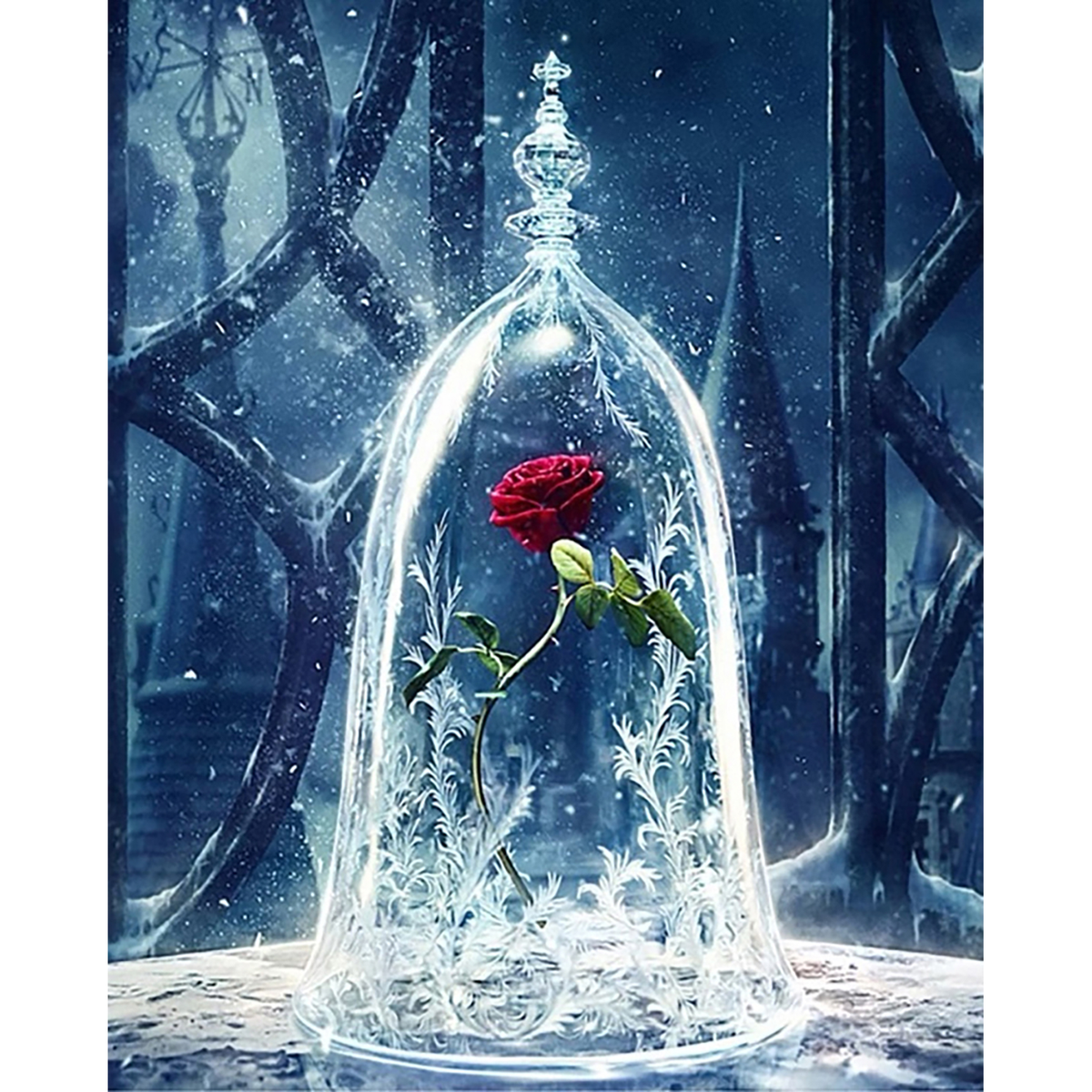 A red rose blooms inside a glass cloche, surrounded by frosted foliage in a snowy blue forest.