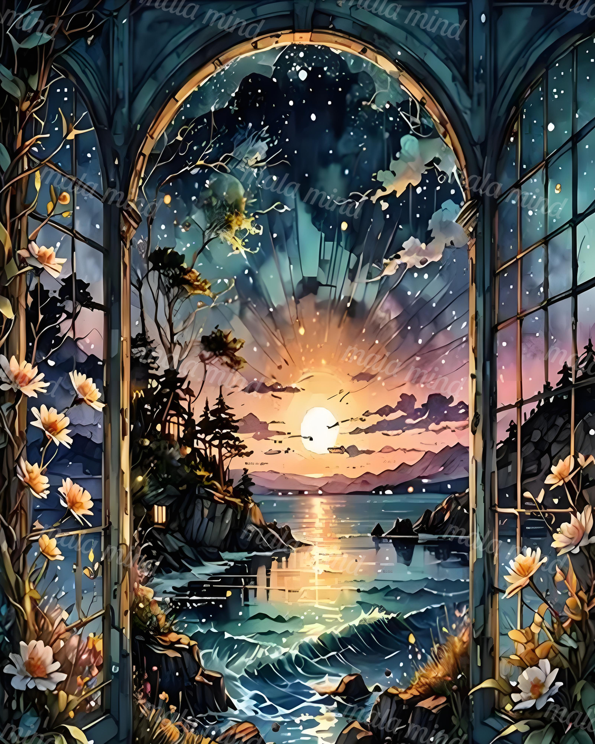 Flower-framed arched window opening onto a glowing sunset over a mountainous ocean coast. — 02_master_artwork
