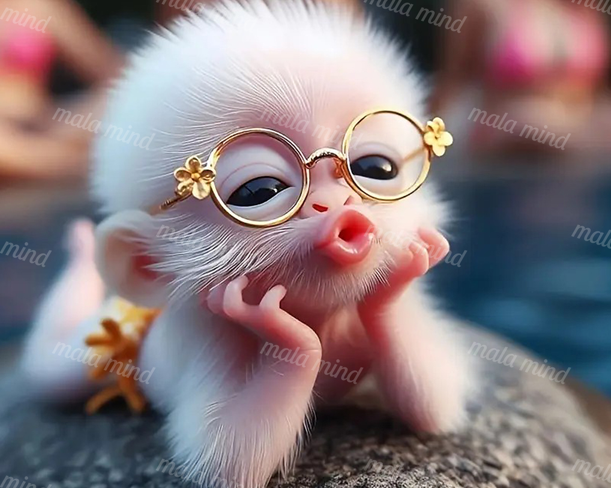 White-furred monkey wearing round gold glasses and resting its hands near its cheeks — 02_master_artwork