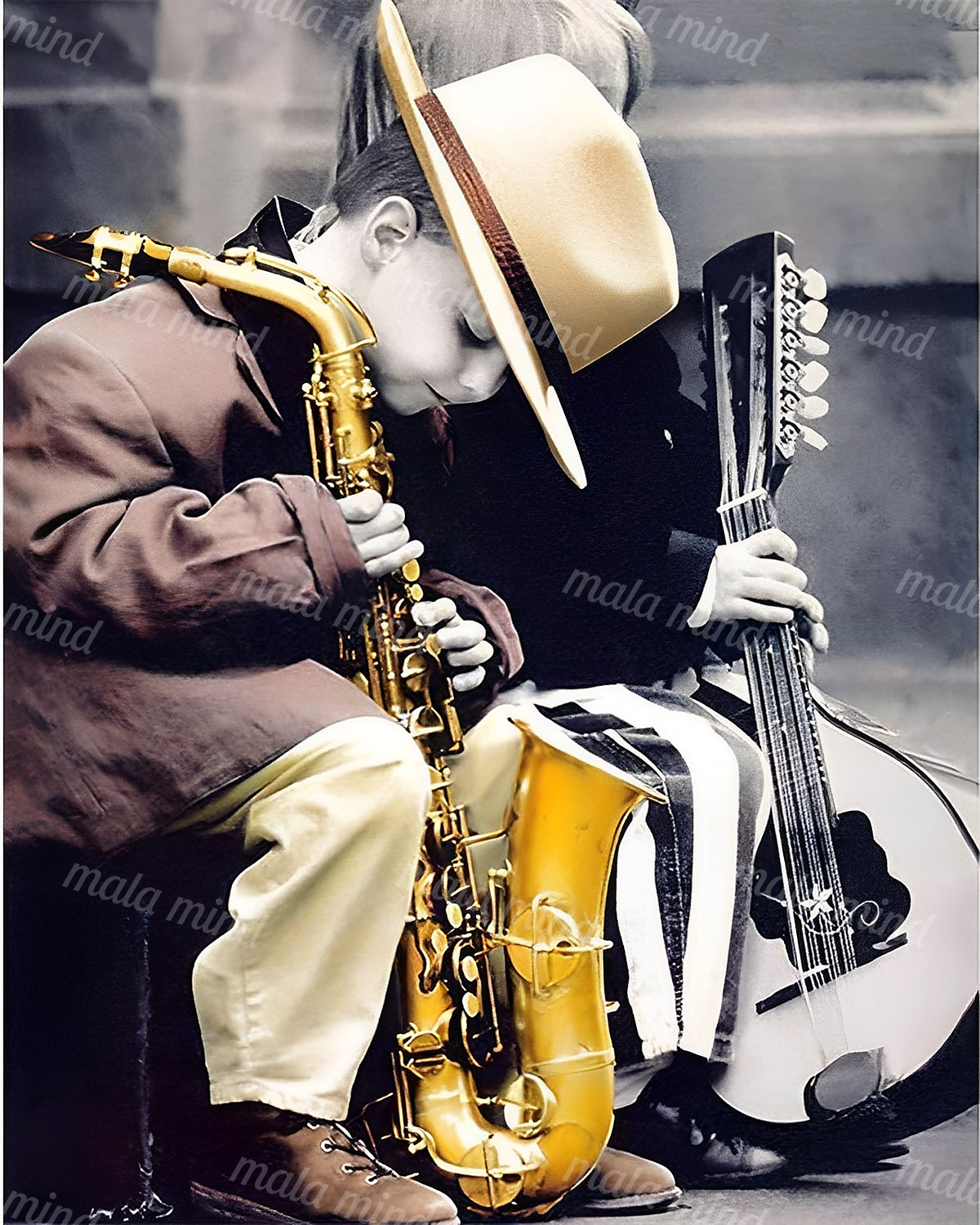 Two musicians perform with a golden saxophone and upright bass in a high-contrast portrait. — 02_master_artwork