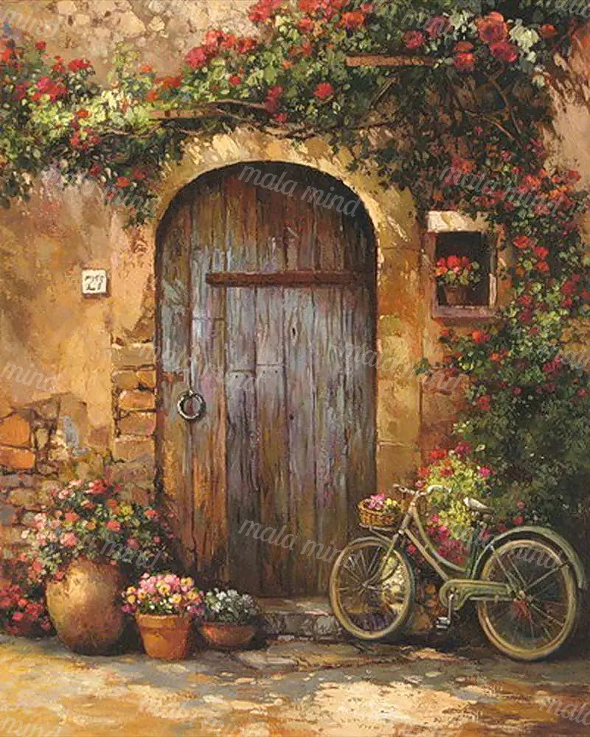 Painterly rustic arched doorway covered in flowers with a bicycle and potted plants — 02_master_artwork