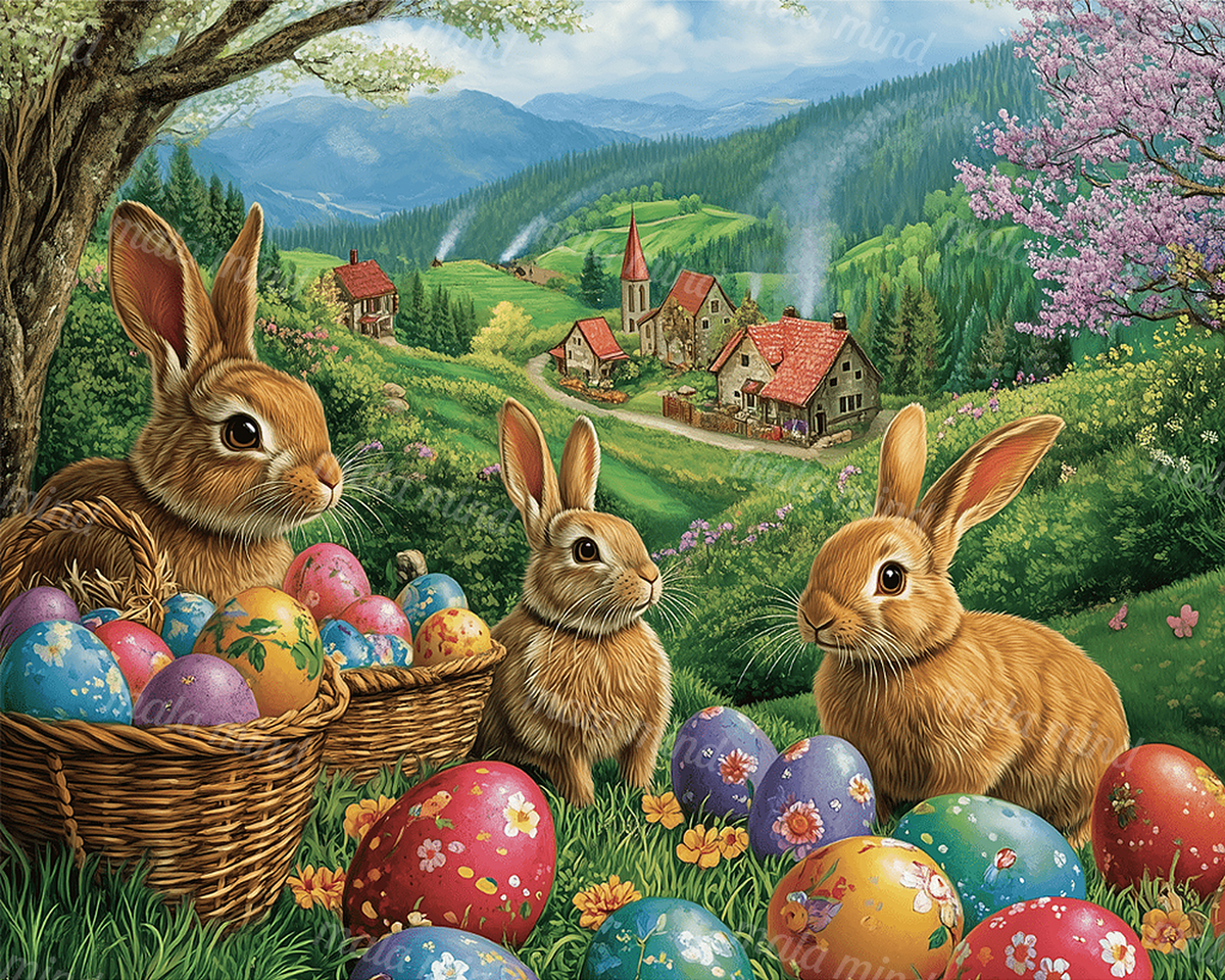 Three rabbits and decorated Easter eggs in a flowering meadow overlooking a mountain village — 02_master_artwork