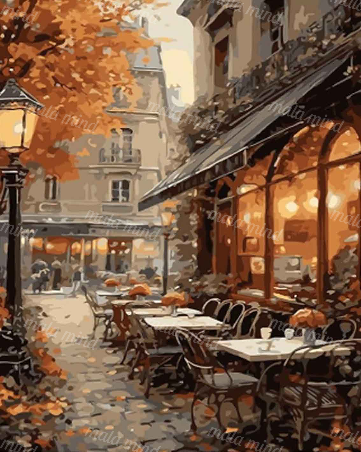 Painterly autumn city street with glowing cafe windows, outdoor tables, dark chairs, and orange foliage. — 02_master_artwork