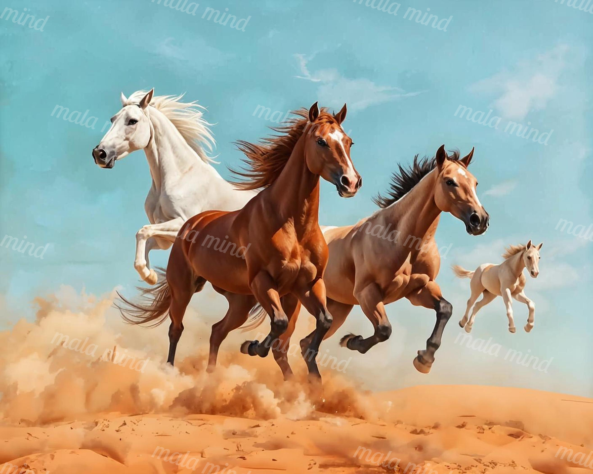 Four horses galloping through desert dunes beneath a bright turquoise sky, kicking up clouds of dust. — 02_master_artwork