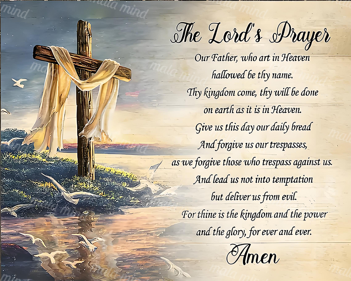 Cloth-draped wooden cross beside the sea with seabirds and The Lord's Prayer in calligraphy — 02_master_artwork