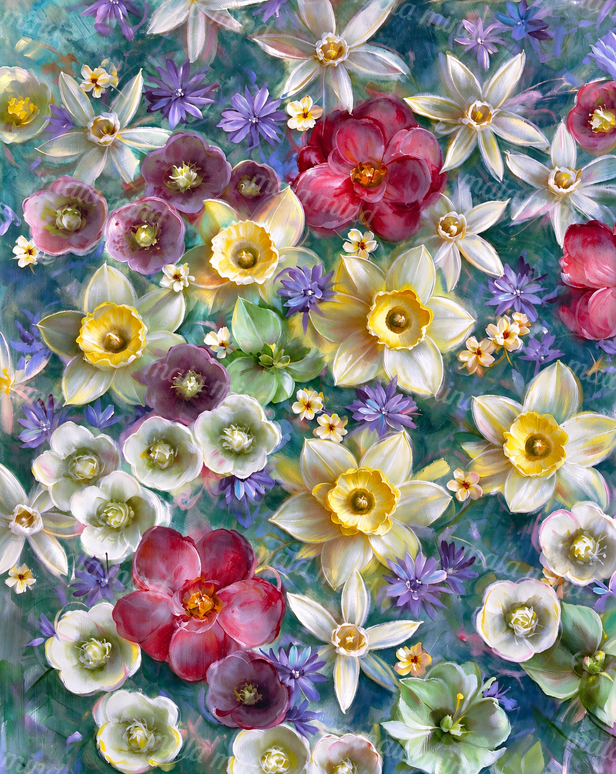 Dense colorful floral arrangement with red, pink, purple, white, and yellow flowers on a teal background — 02_master_artwork