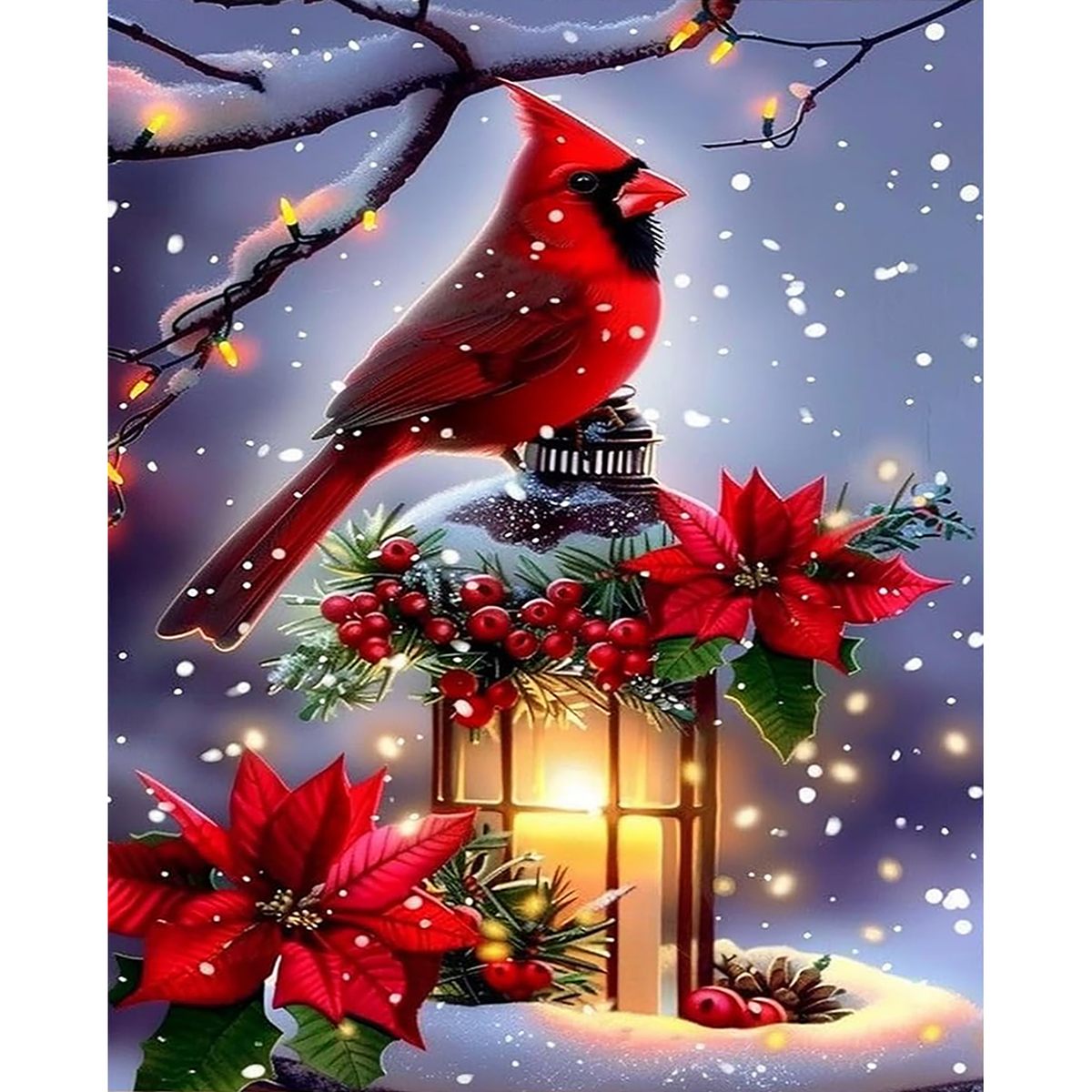 Red cardinal perched on a glowing snowy lantern surrounded by poinsettias, holly, lights, and falling snow