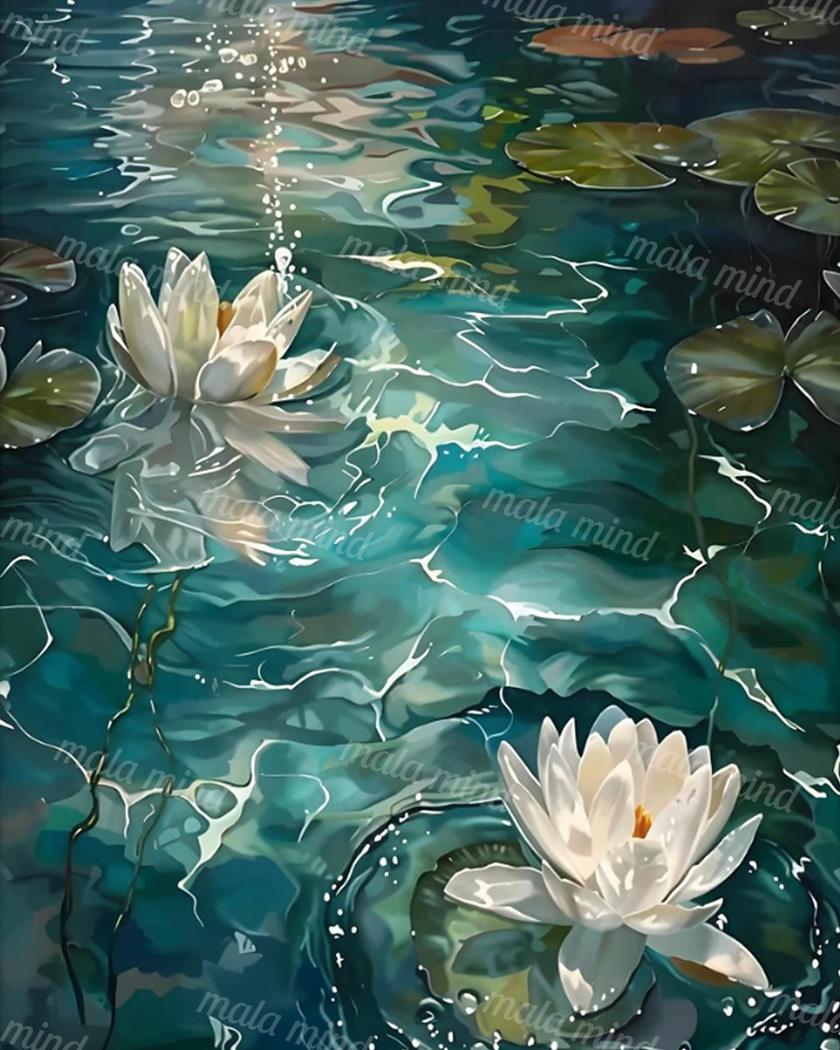 Two white water lilies and green lily pads float on rippling dark teal pond water. — 02_master_artwork