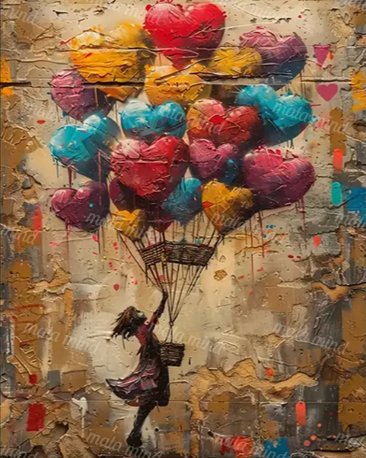 Woman suspended beneath colorful heart-shaped balloons against a cracked, textured painted wall — 02_master_artwork