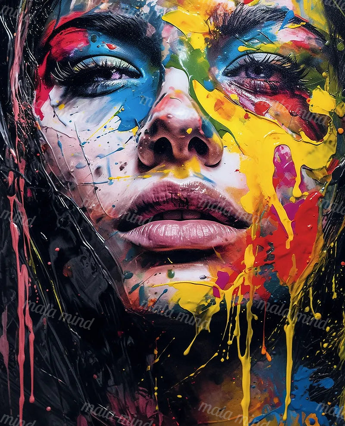Close-up woman portrait with dark hair, dramatic eyes, and vivid multicolored paint splashes and drips — 02_master_artwork
