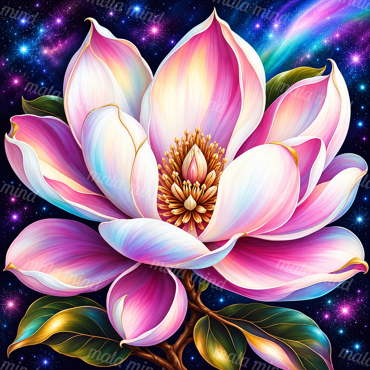 Luminous pink and white flower branch with golden stamens against a colorful starry nebula — 02_master_artwork