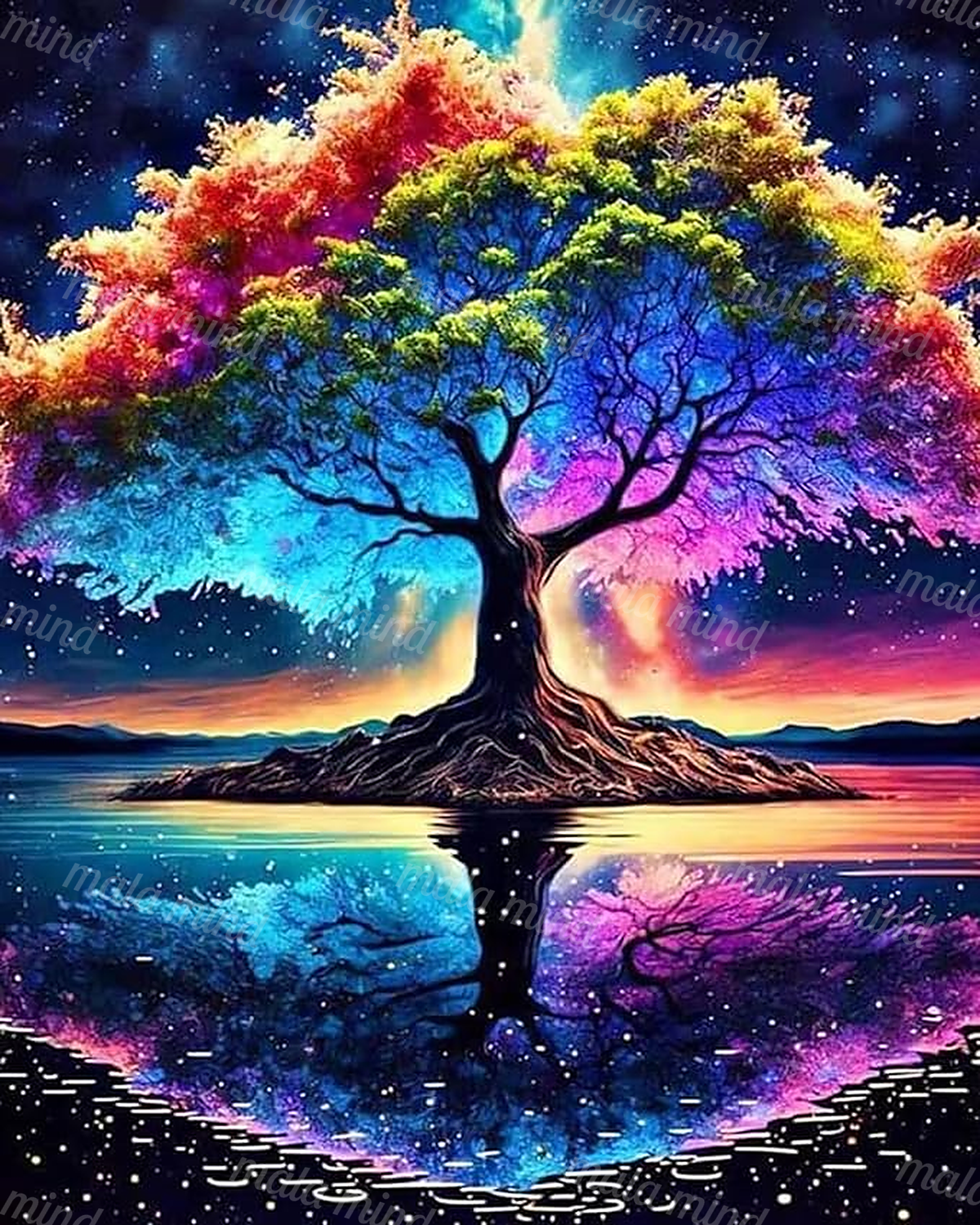 Colorful flowering tree on a small island reflected in a starry lake — 02_master_artwork