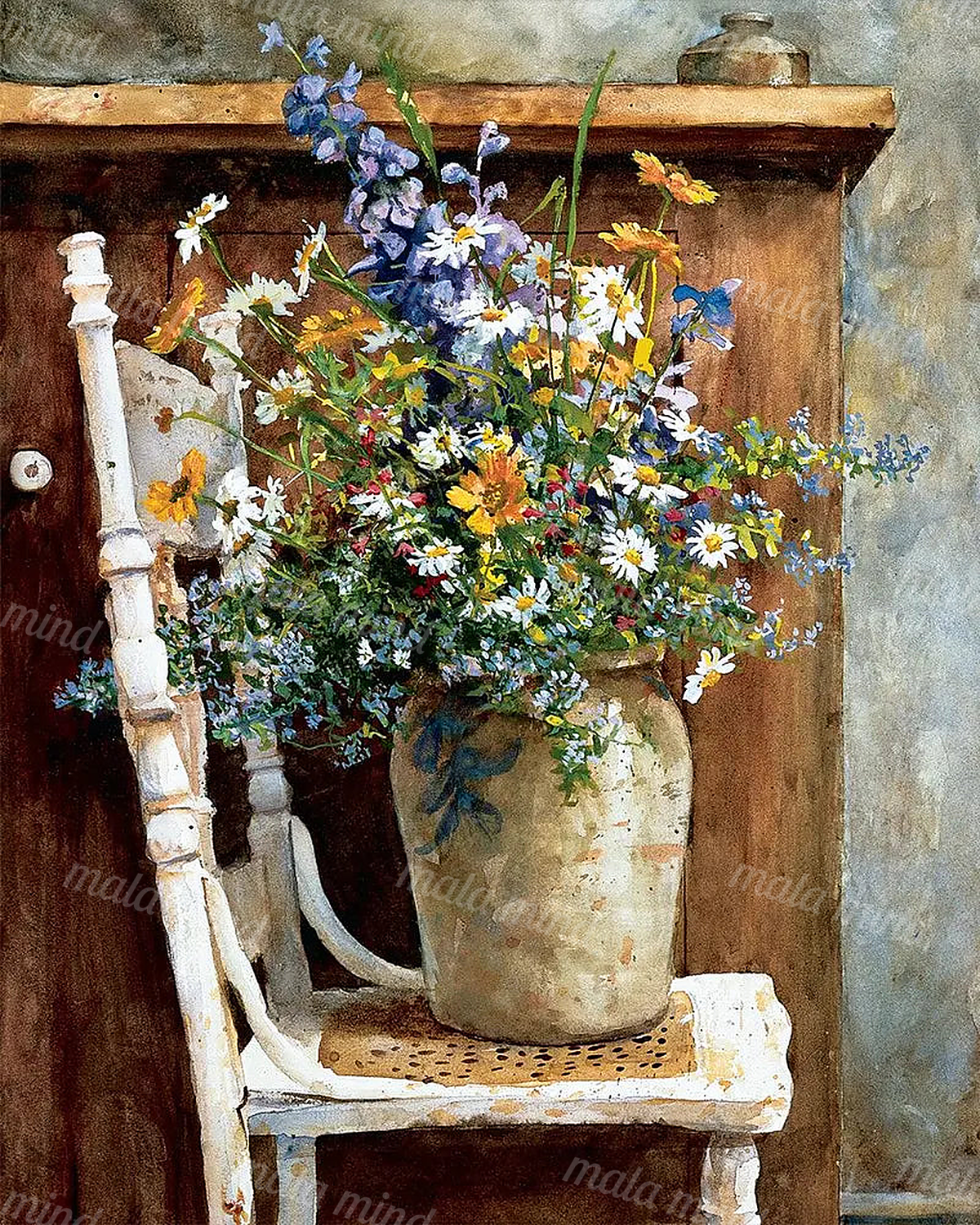 Colorful wildflower bouquet in a weathered vase on a white wooden chair — 02_master_artwork