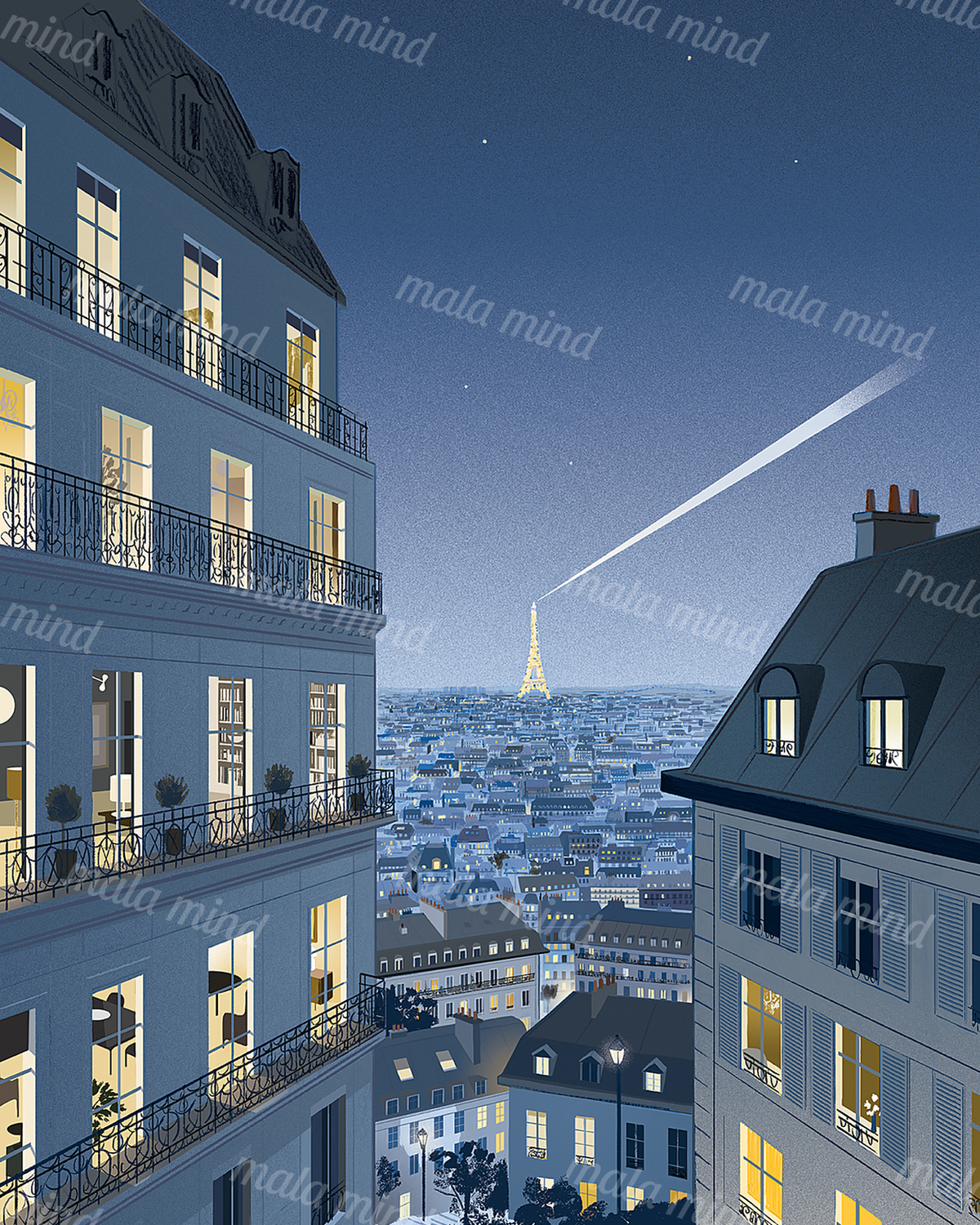 Nighttime Paris cityscape with glowing buildings framing the illuminated Eiffel Tower — 02_master_artwork