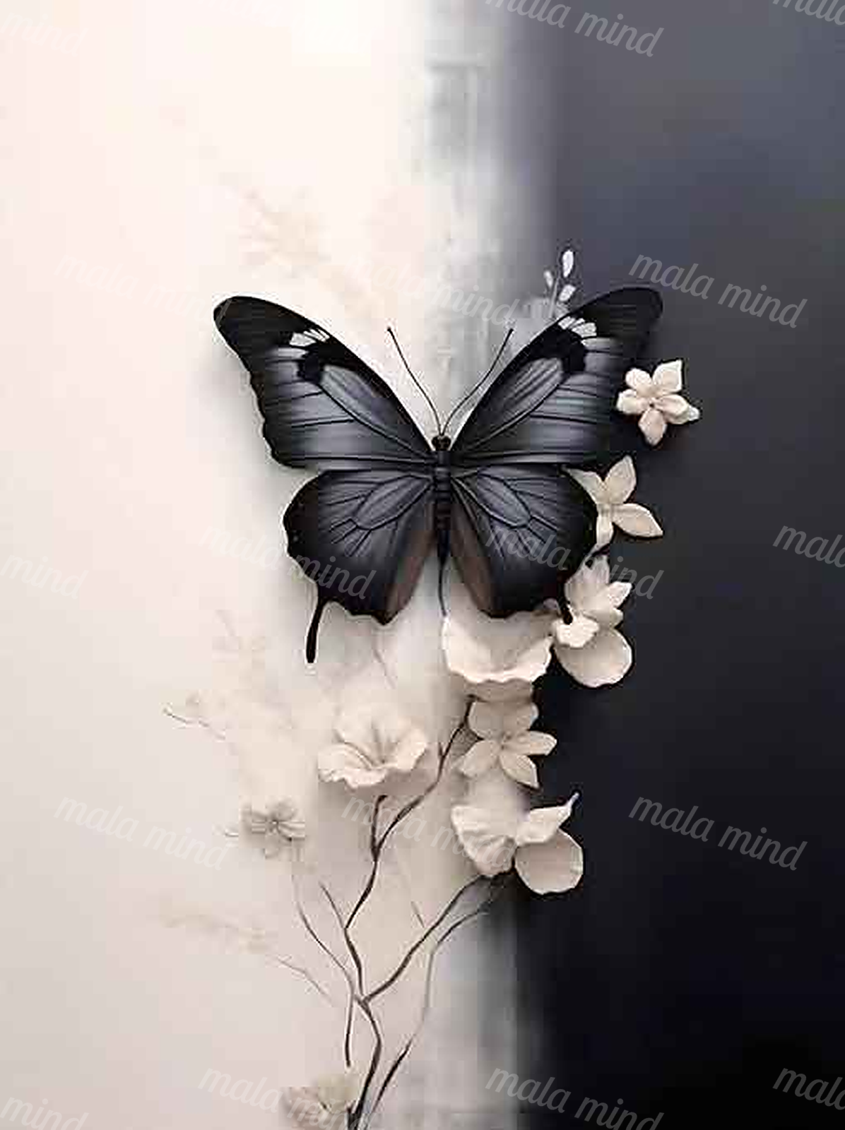 Black butterfly with spread wings among white flowers on a split light and dark background — 02_master_artwork