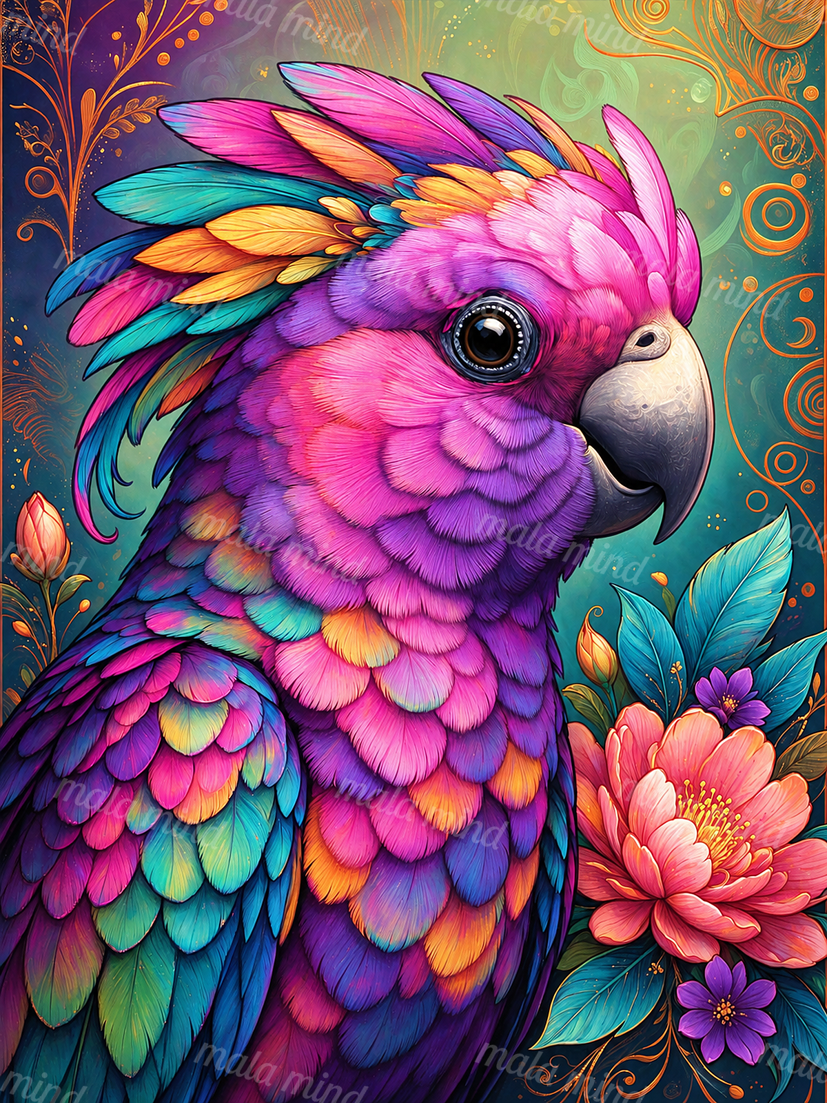 Colorful parrot with layered feathers, pink flowers, teal leaves, and orange ornamental swirls — 02_master_artwork