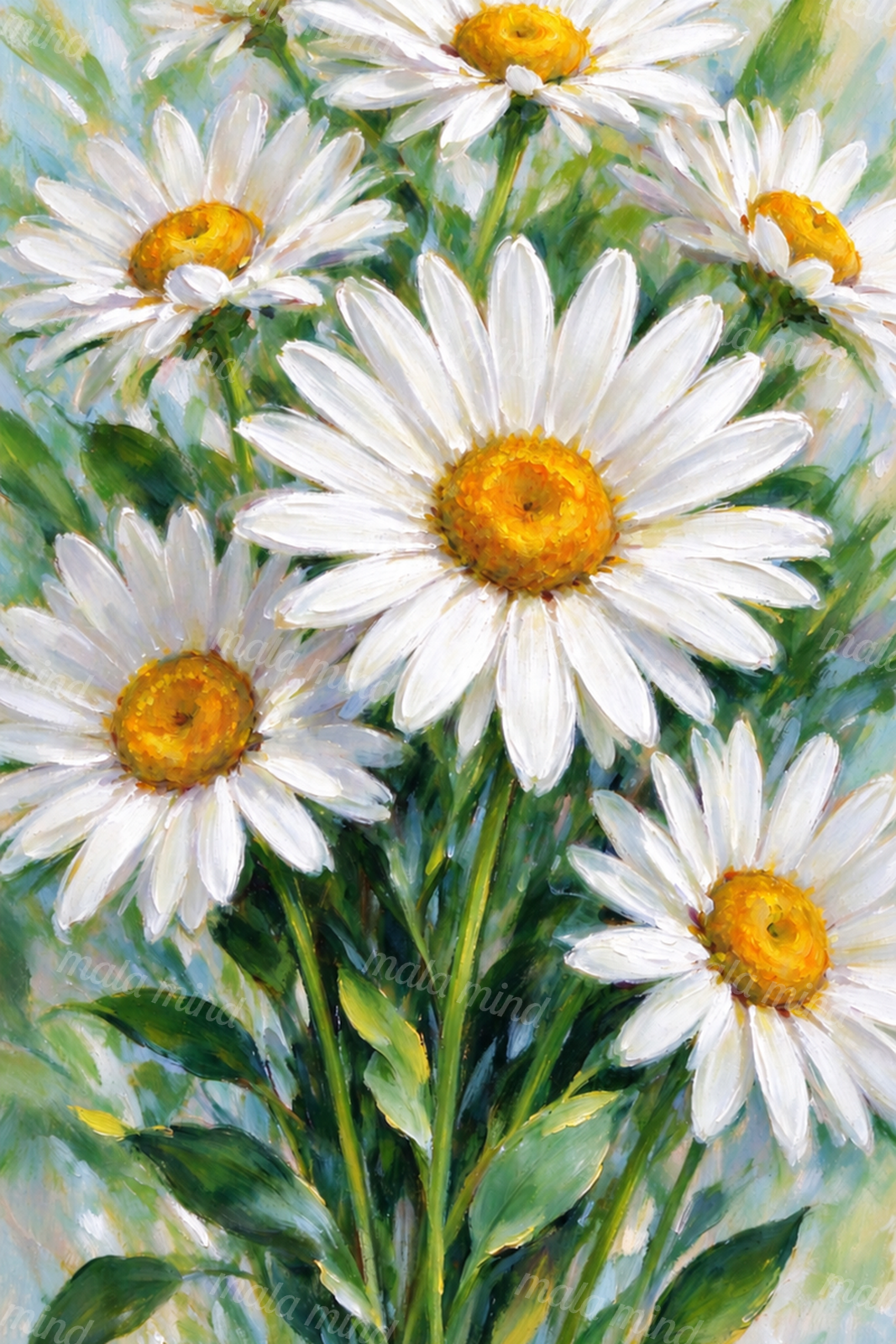 Impressionistic close-up of white daisies with golden centers and green leaves on a pale blue-green background. — 02_master_artwork
