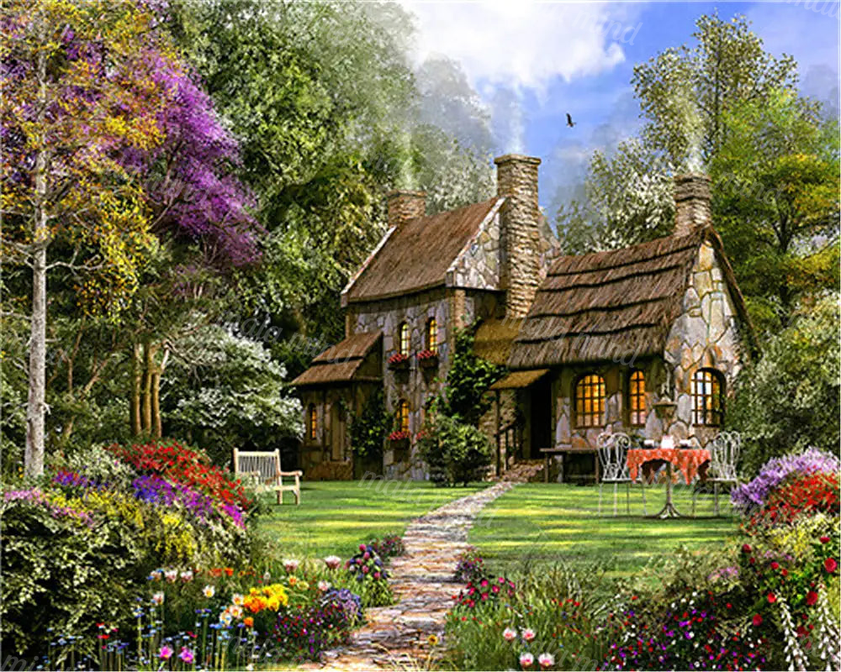 Stone cottage with thatched roofs surrounded by colorful flower beds, trees, and a winding garden path — 02_master_artwork