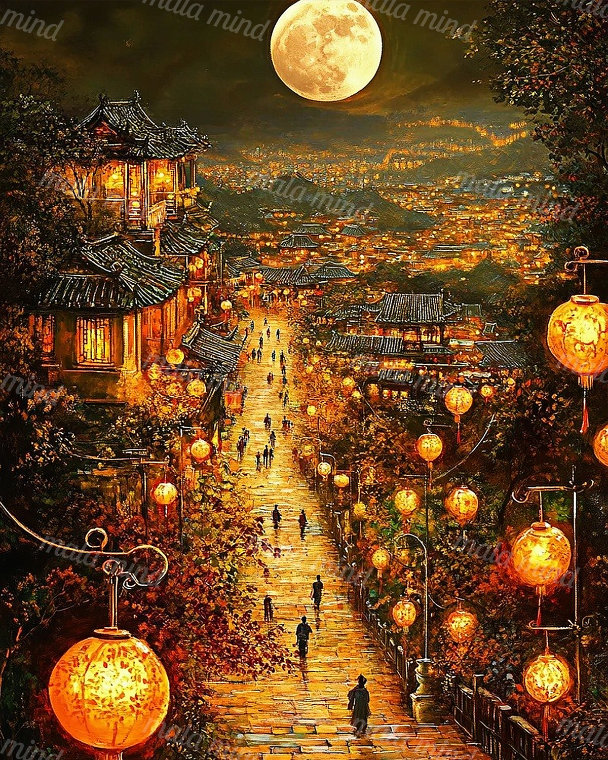 Lantern-lit hillside village with traditional rooftops, a full moon, and a central pathway — 02_master_artwork