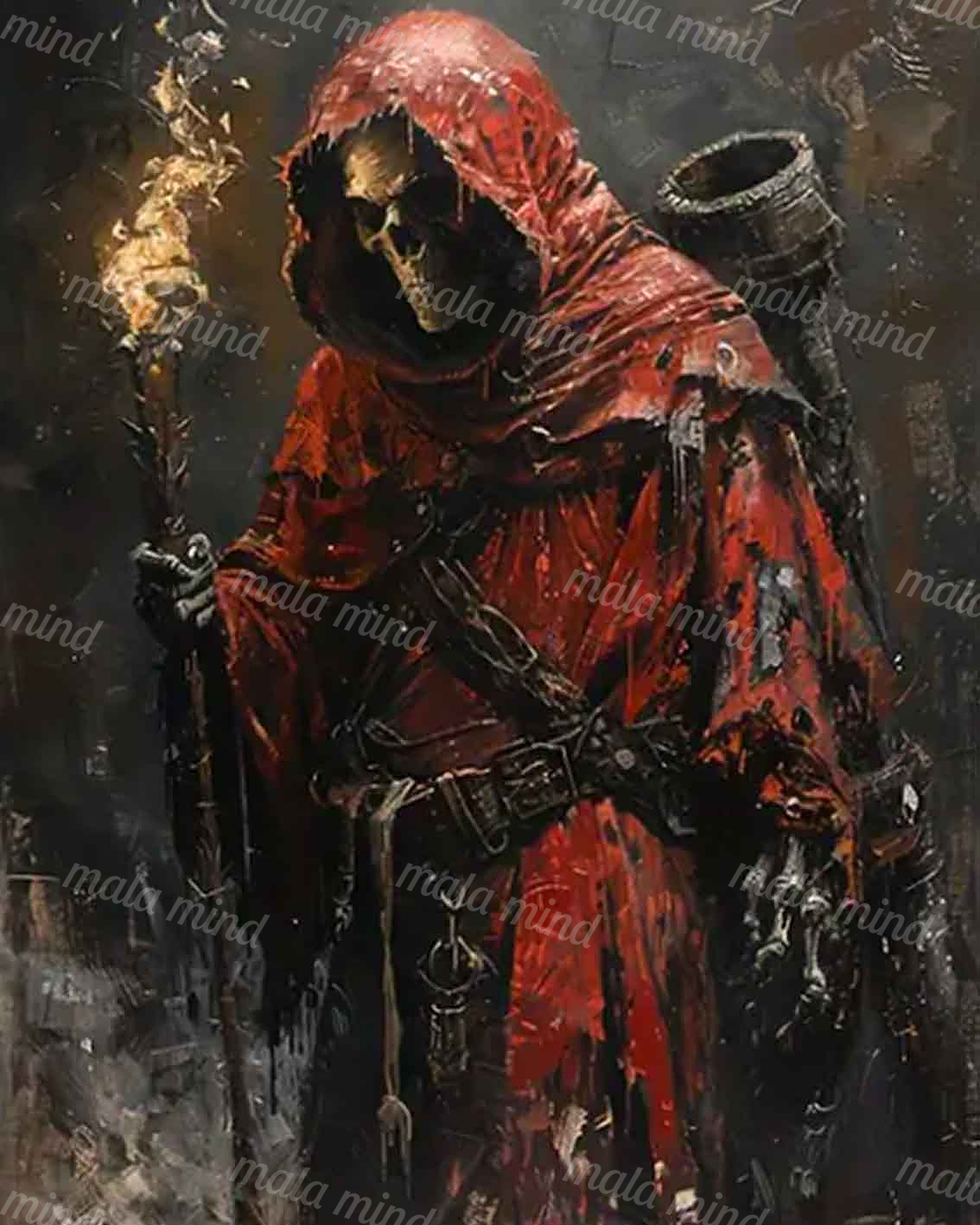 Dark fantasy figure in a red hooded cloak holding a staff against a shadowy background — 02_master_artwork