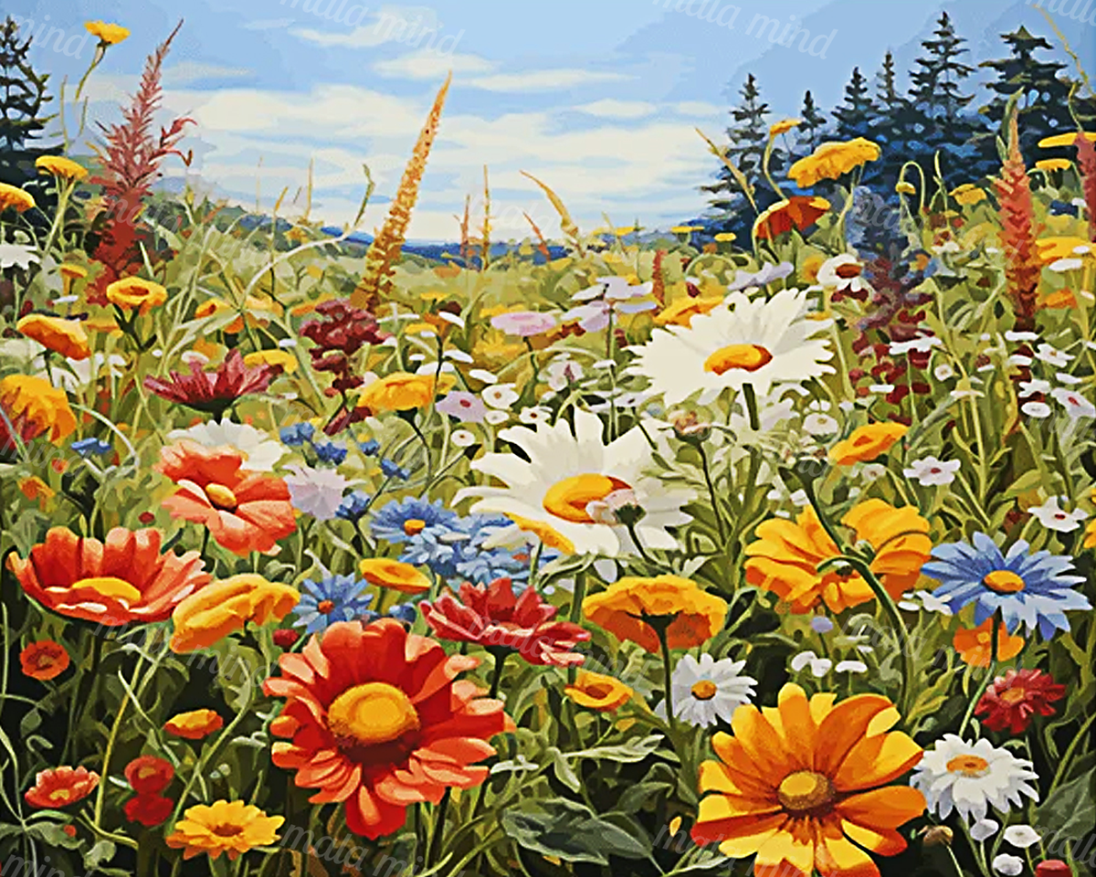 Colorful wildflower meadow with large daisies, evergreen trees, distant hills, and a blue cloudy sky — 02_master_artwork