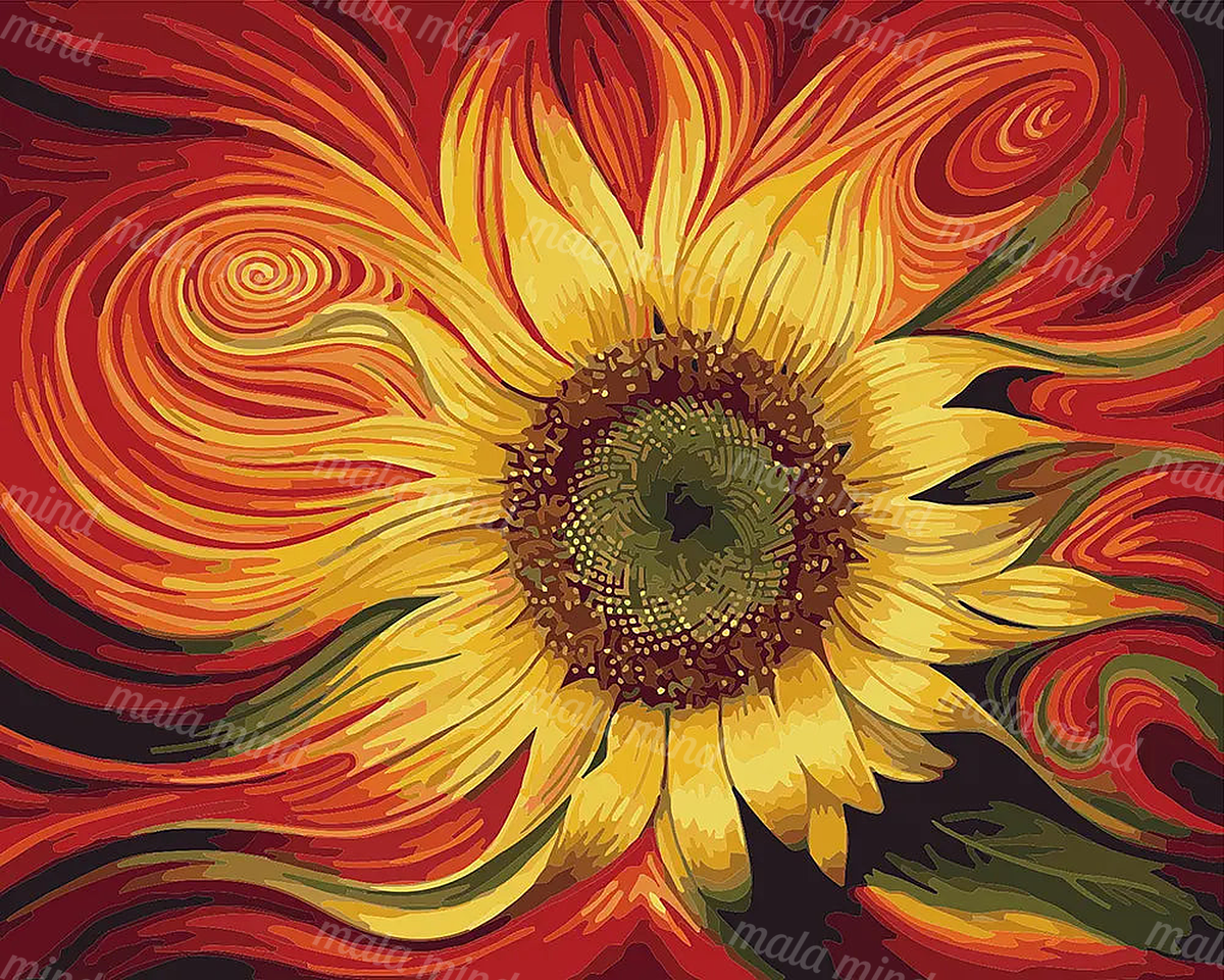 Stylized sunflower with yellow petals and swirling red, orange, green, and black abstract patterns — 02_master_artwork