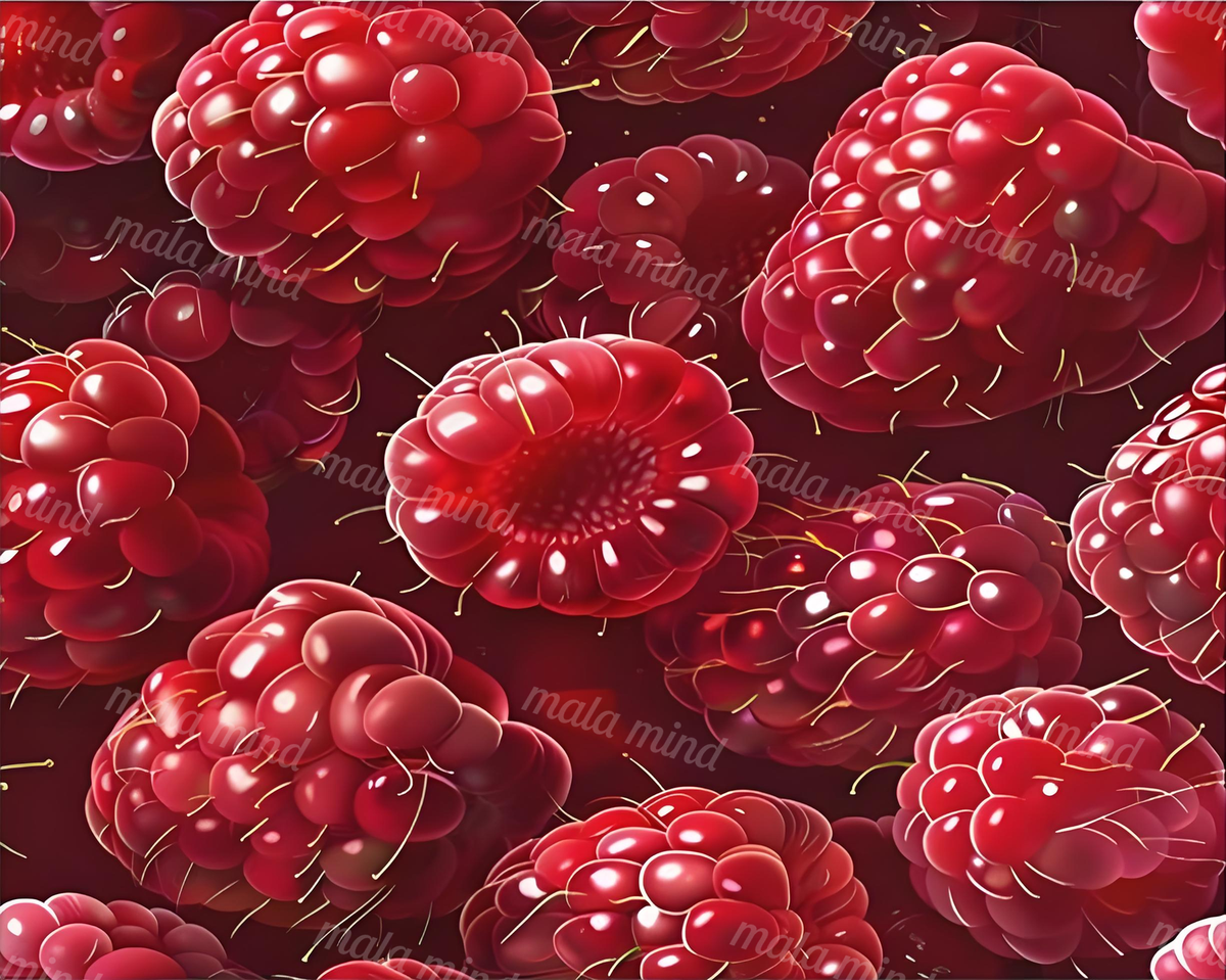 Glossy red raspberry clusters overlap across a dark burgundy background in a close-up fruit pattern. — 02_master_artwork