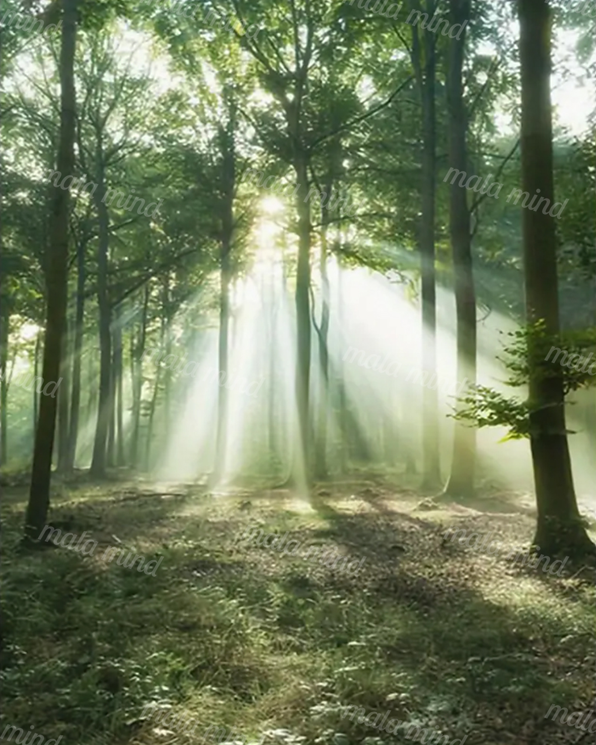 Sunlight streams through tall trees onto the hazy floor of a dense green deciduous forest. — 02_master_artwork