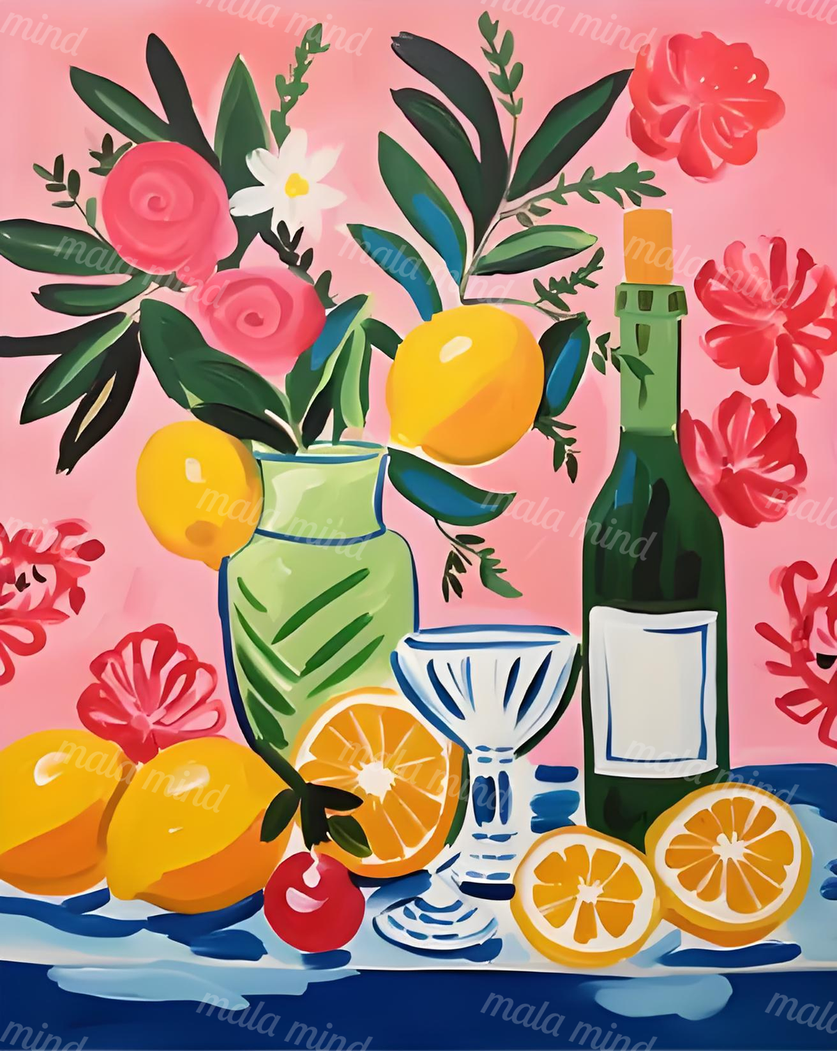 Colorful flowers, citrus fruit, green foliage, bottle, and vessels arranged against a pink background — 02_master_artwork