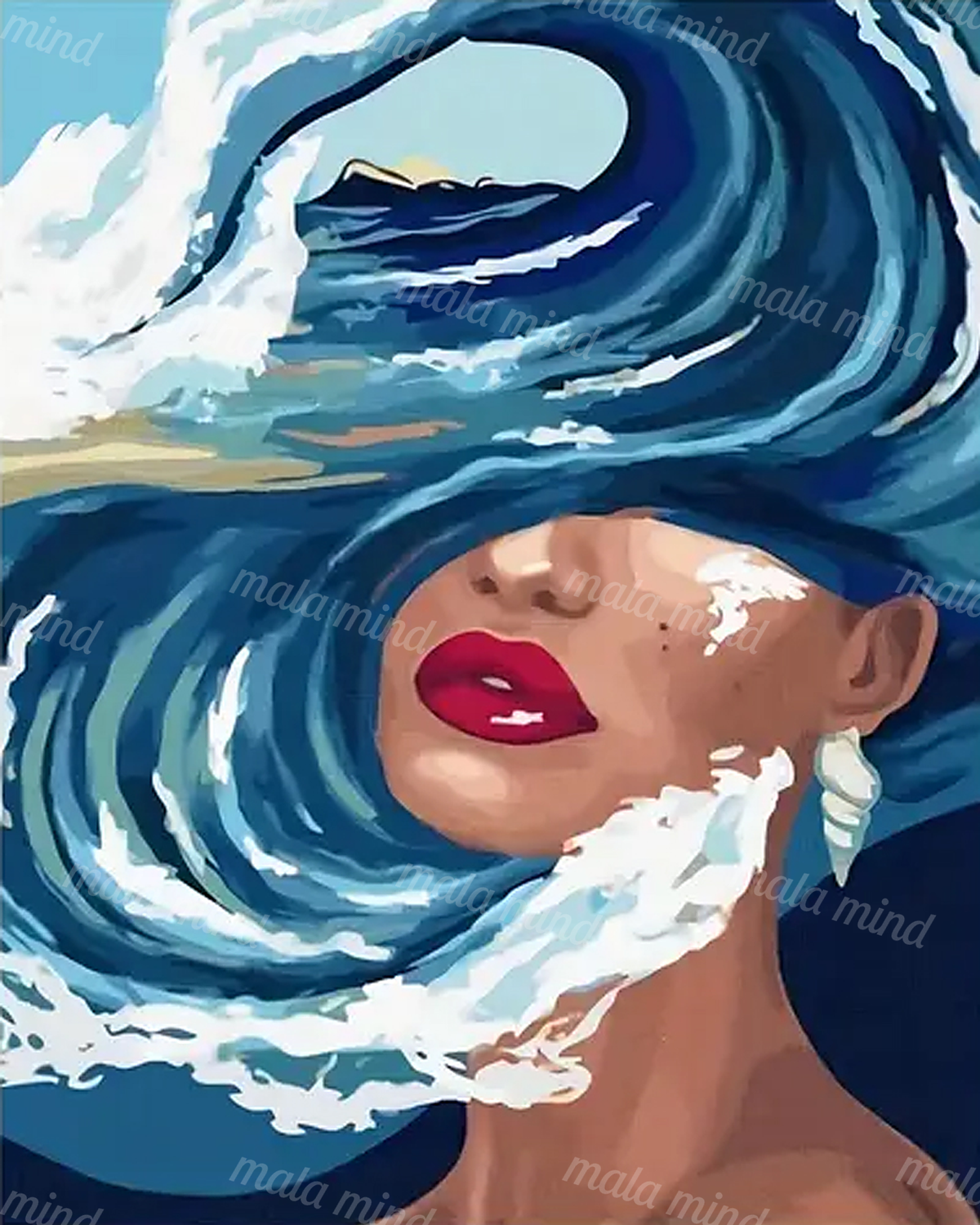 Stylized woman’s face surrounded by a large curling blue ocean wave with white foam — 02_master_artwork