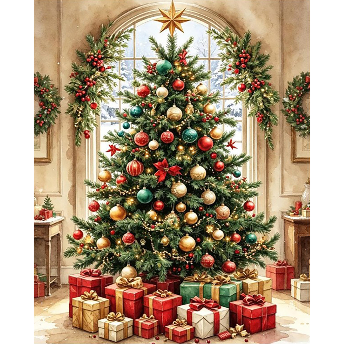MalaMind Gallery V3 | 02 Master Artwork | CH-260921-004 | Decorated Christmas tree with colorful ornaments, wrapped presents, garlands, and a snowy arched window