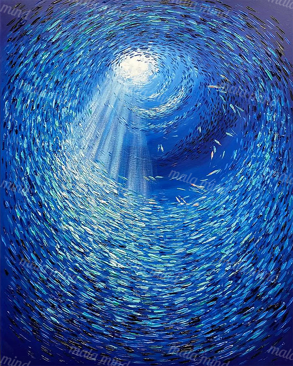 A swirling school of fish forms an underwater vortex around a bright opening with rays of light. — 02_master_artwork
