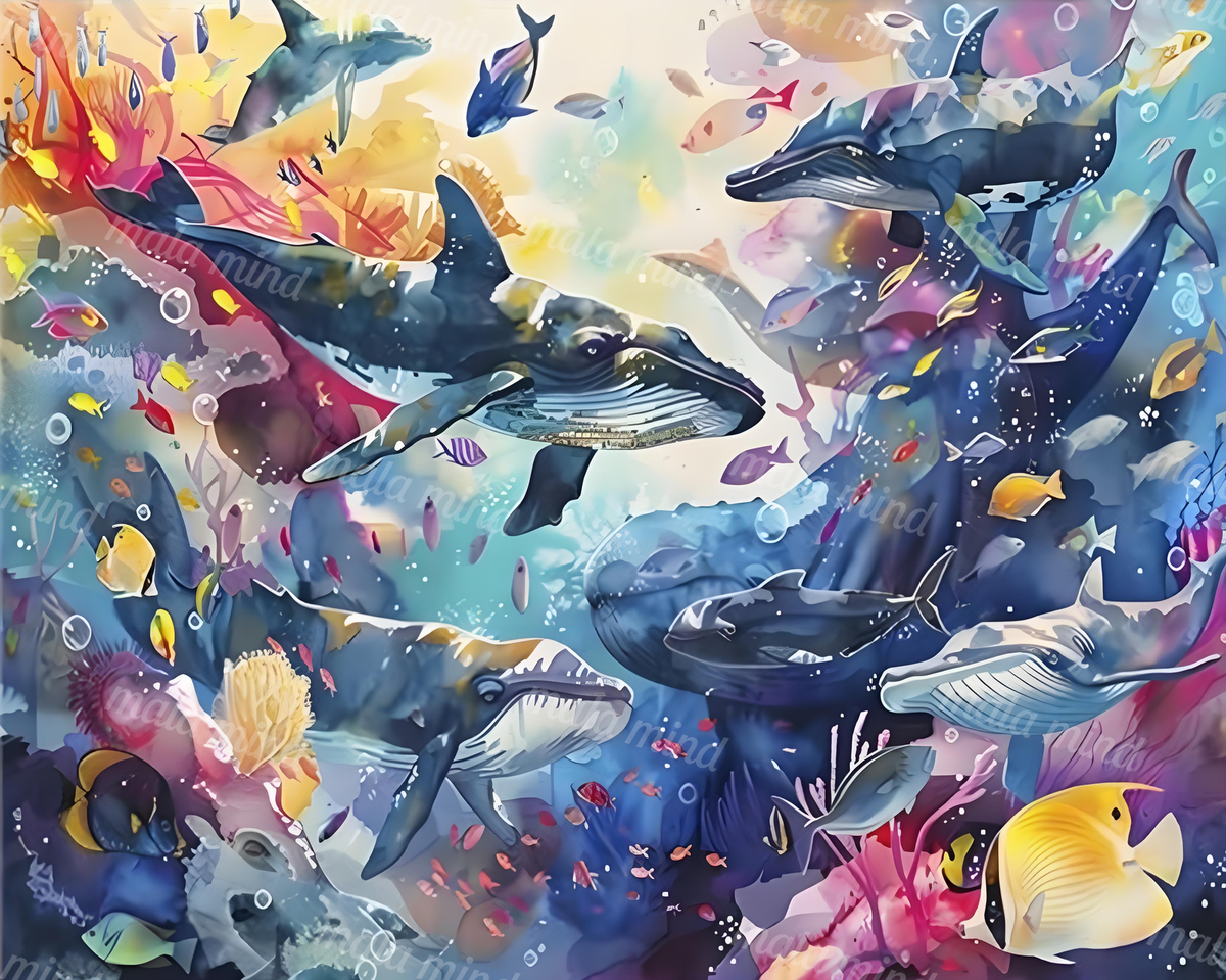 Colorful underwater scene with whales, sharks, tropical fish, coral, sea plants, and bubbles — 02_master_artwork