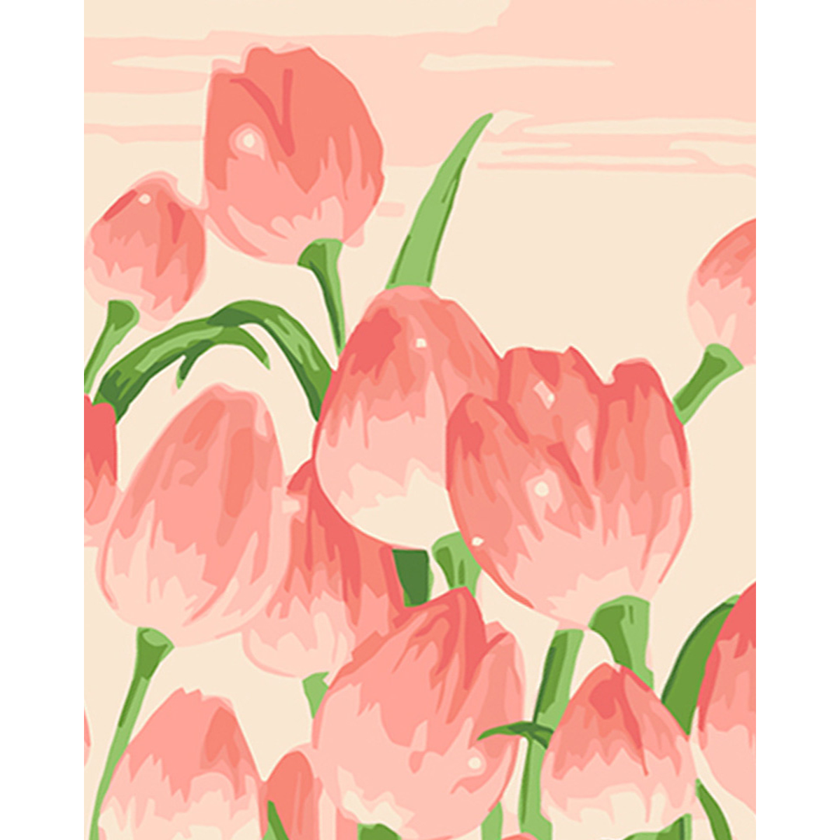 Overlapping coral pink tulips with green stems and leaves on a cream background — 02_master_artwork
