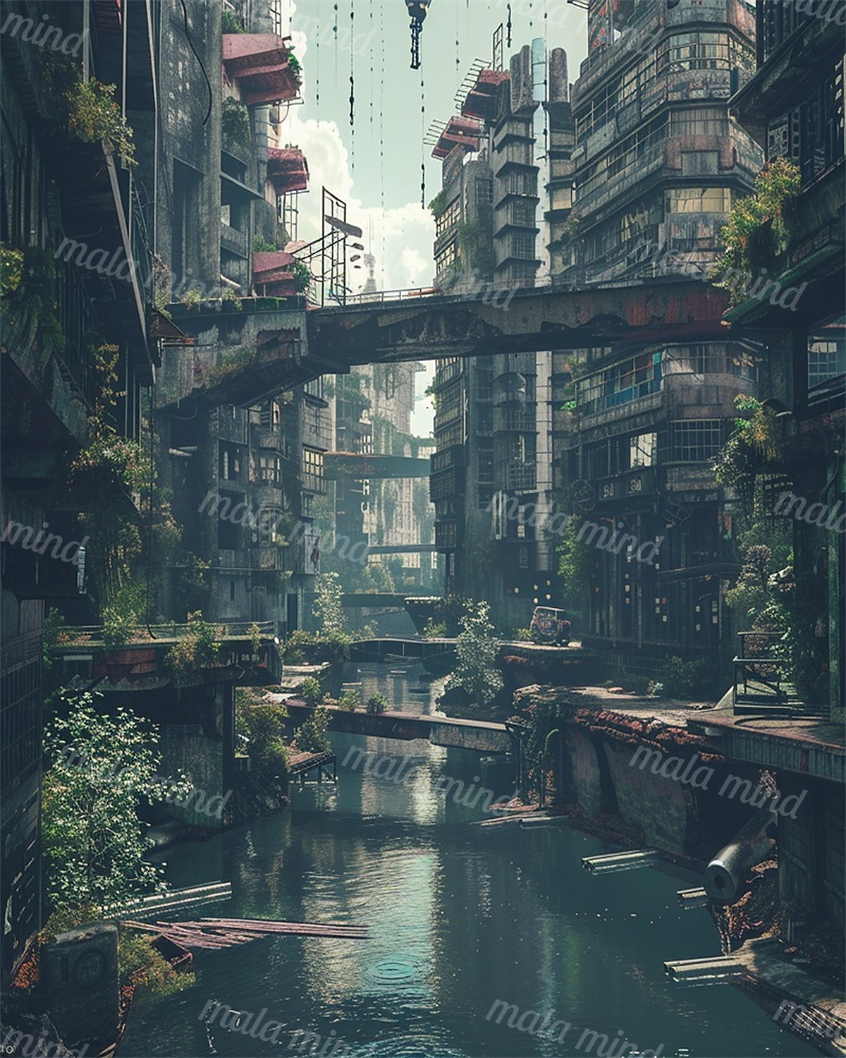 Overgrown canal winding through a dense city of weathered buildings, bridges, cables, and industrial structures — 02_master_artwork
