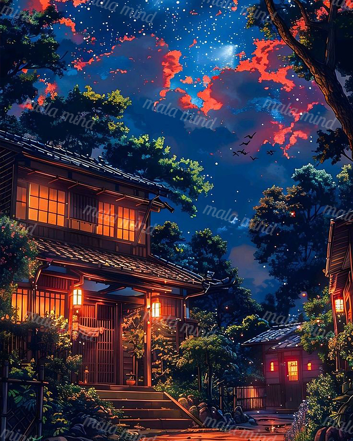 Traditional Japanese village homes glowing beneath a starry blue sky with red-orange clouds and flying bats. — 02_master_artwork