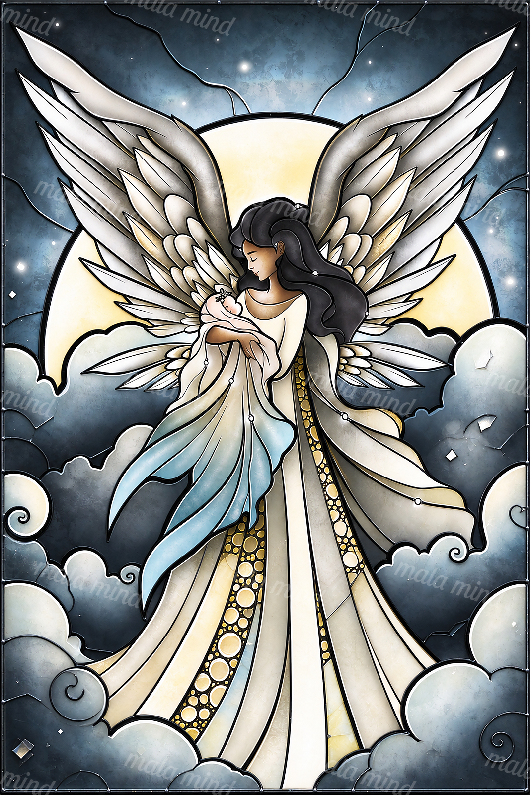 Stained-glass style winged woman holding a baby beneath a moon, surrounded by clouds and stars — 02_master_artwork