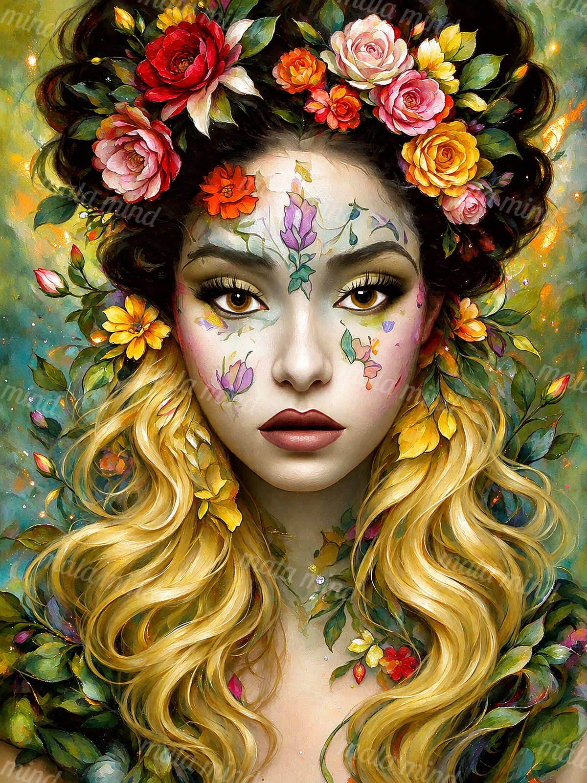 Woman with golden hair, floral crown, and botanical face markings in a colorful portrait — 02_master_artwork