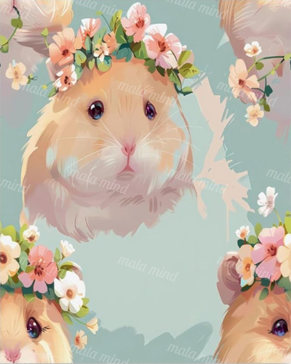 Pastel illustration of a flower-crowned hamster framed by flowers and partial hamster faces. — 02_master_artwork