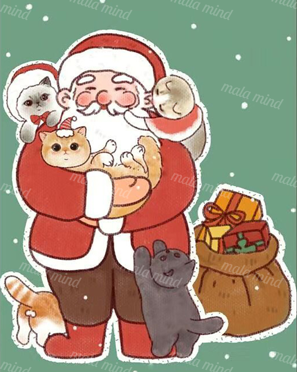 Cartoon Santa holding an orange cat with other cats and a gift sack against a snowy green background — 02_master_artwork