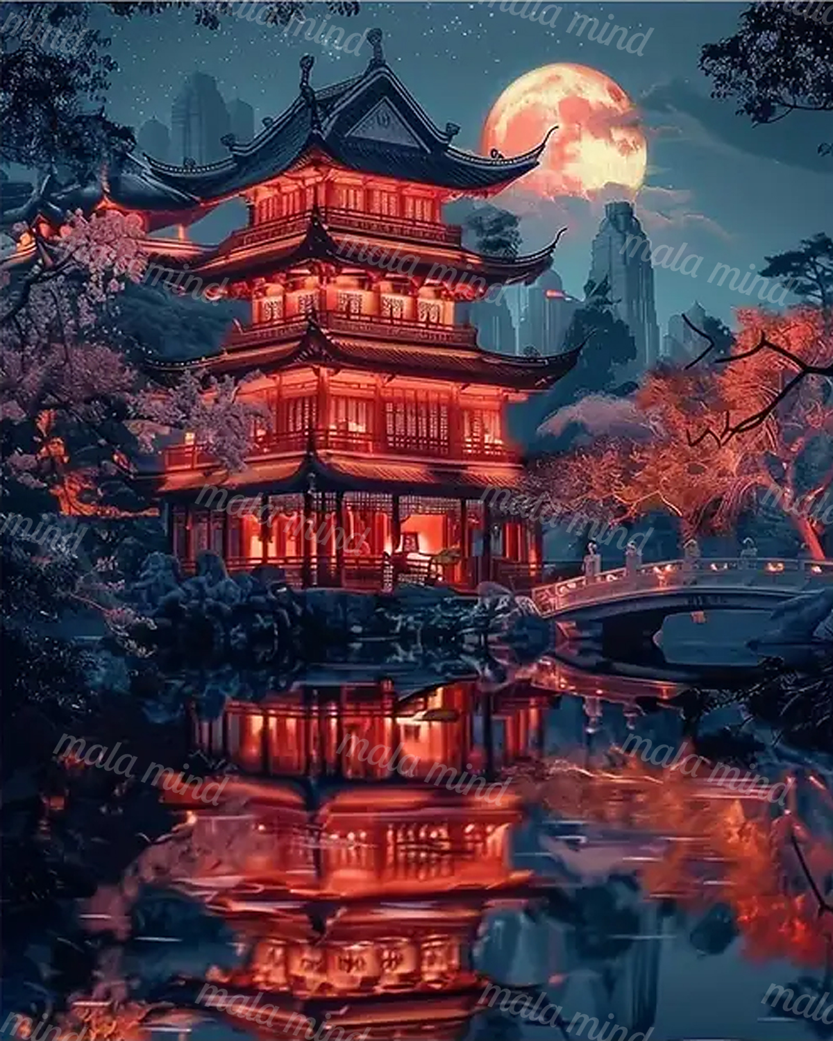 Glowing multi-tiered pagoda beside a reflective pond under a full moon — 02_master_artwork