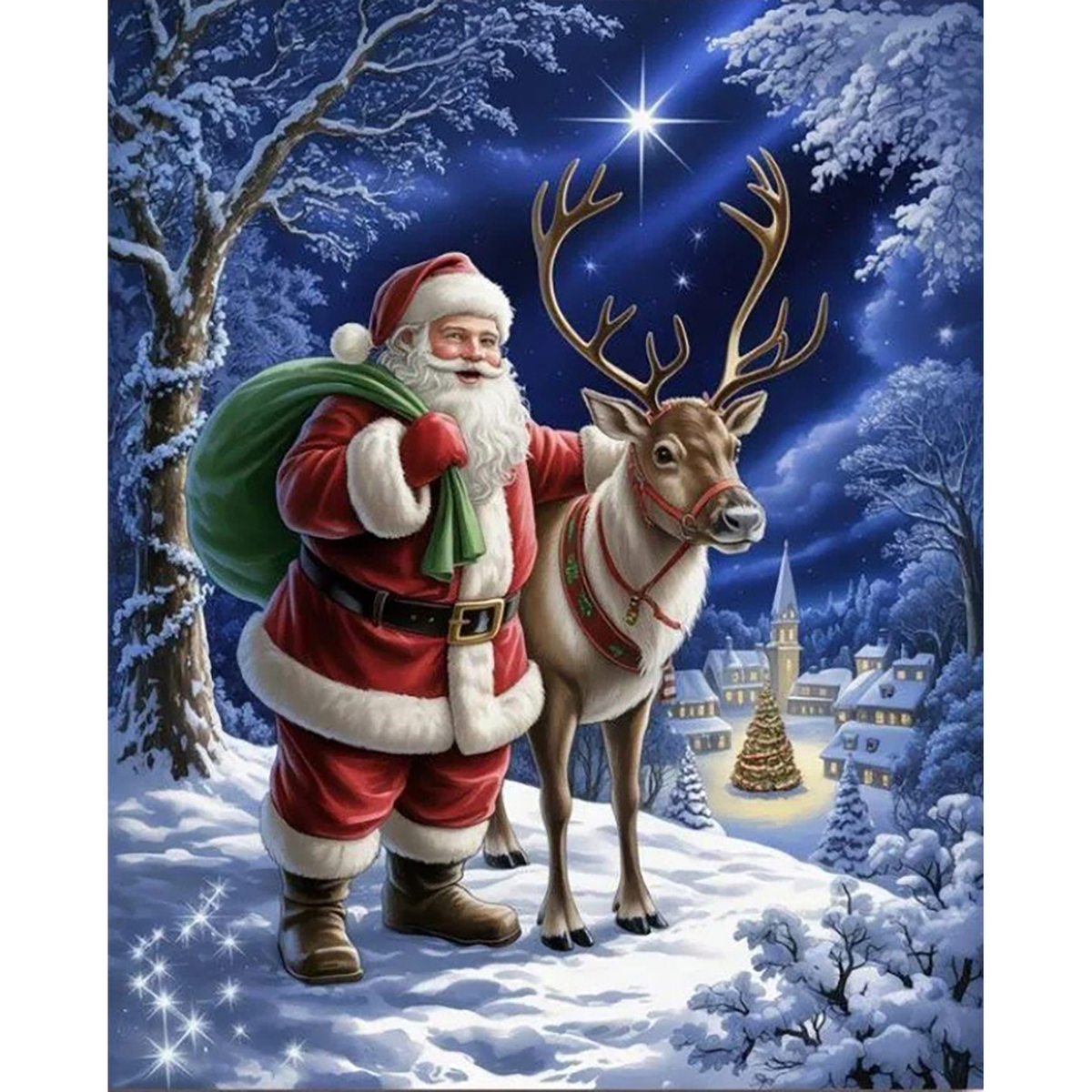 MalaMind Gallery V3 | 02 Master Artwork | CH-260921-019 | Santa stands beside a harnessed reindeer above a glowing snowy Christmas village under a starry sky.