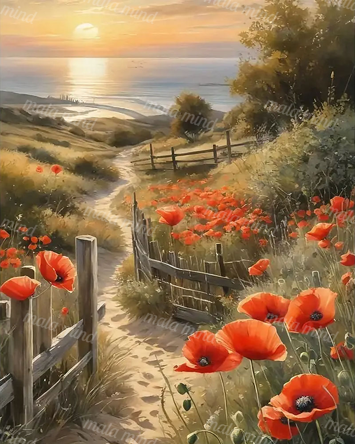 Painterly coastal path through red poppies and dunes leading to the ocean at sunset — 02_master_artwork