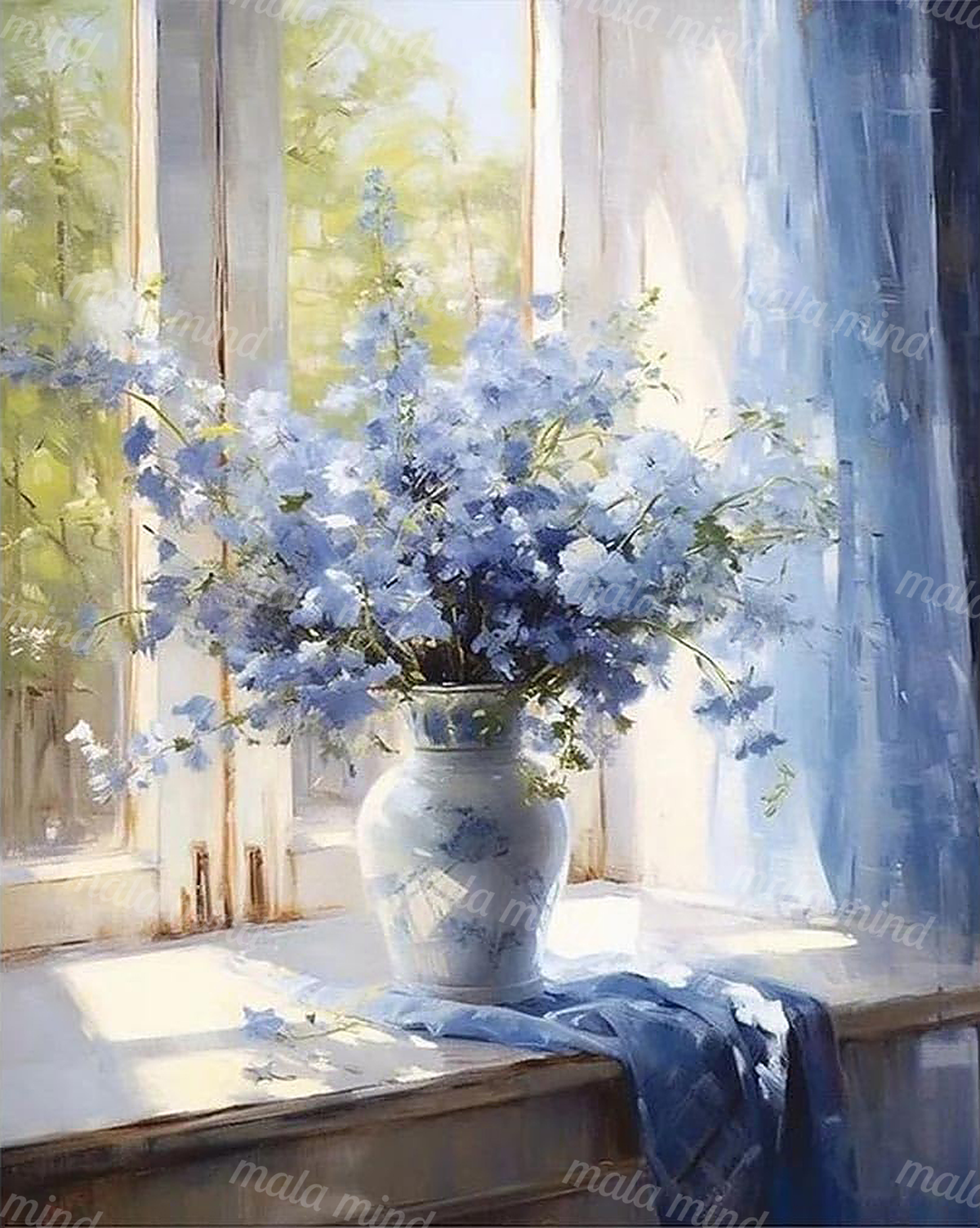 Painterly blue flower bouquet in a white vase on a sunlit windowsill with blue curtains — 02_master_artwork
